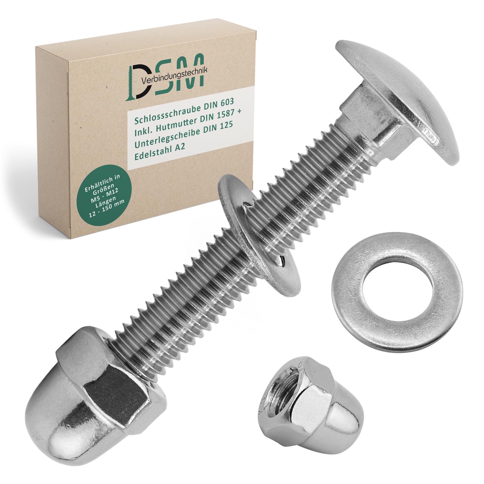 DSM – Viti a testa esagonale M6 x 60 mm secondo DIN 603 – Dado cieco M6 secondo DIN 1587 & Rondelle secondo DIN 125 – Acciaio inox A2/V2A – Filettatura completa – Viti a testa cilindrica con base