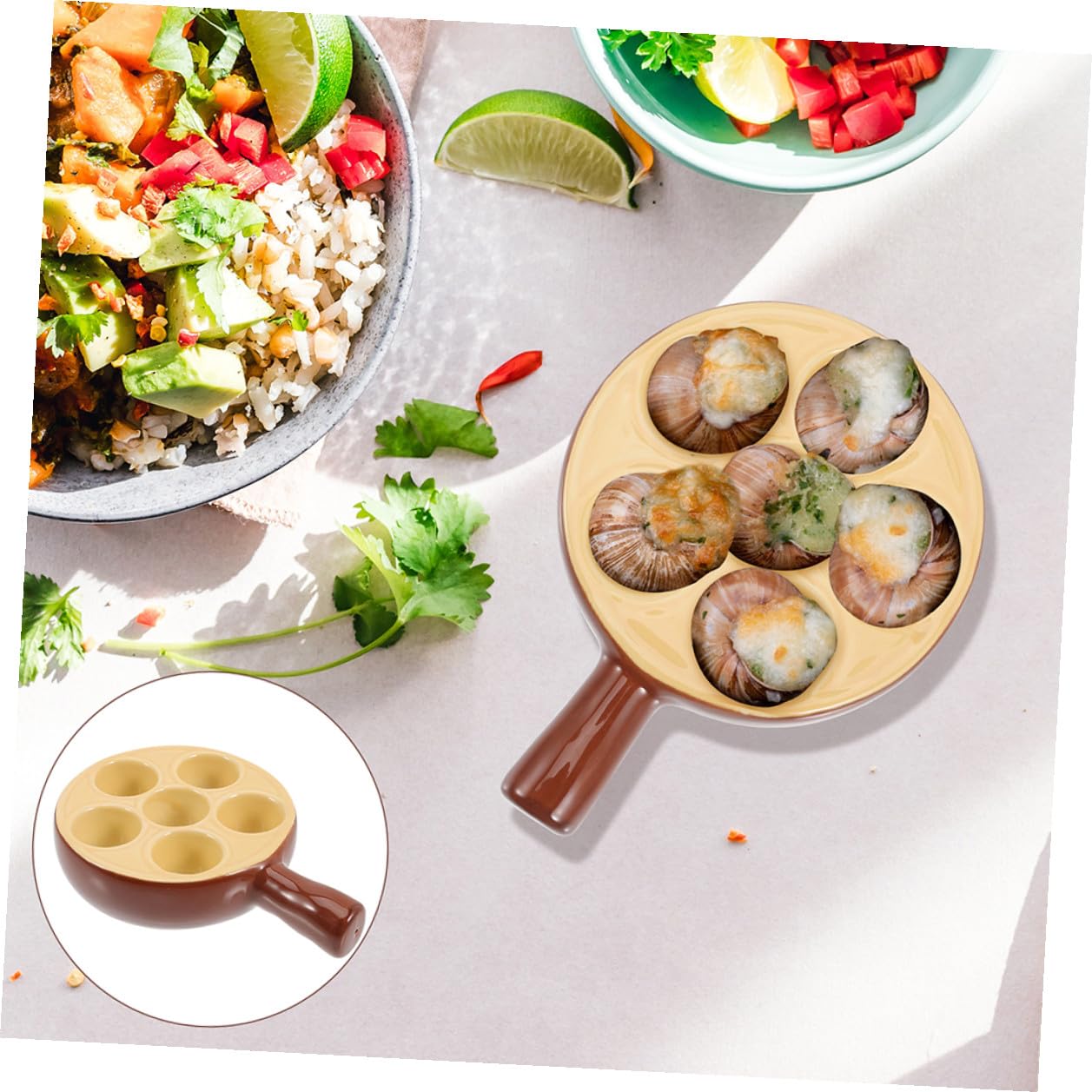 Veemoon Set 2 Pezzi Piatti per Lumache in Porcellana Marrone 6 Fori Piatto per Escargot Manico Ergonomico Superficie Liscia Adatto per Forno Casa