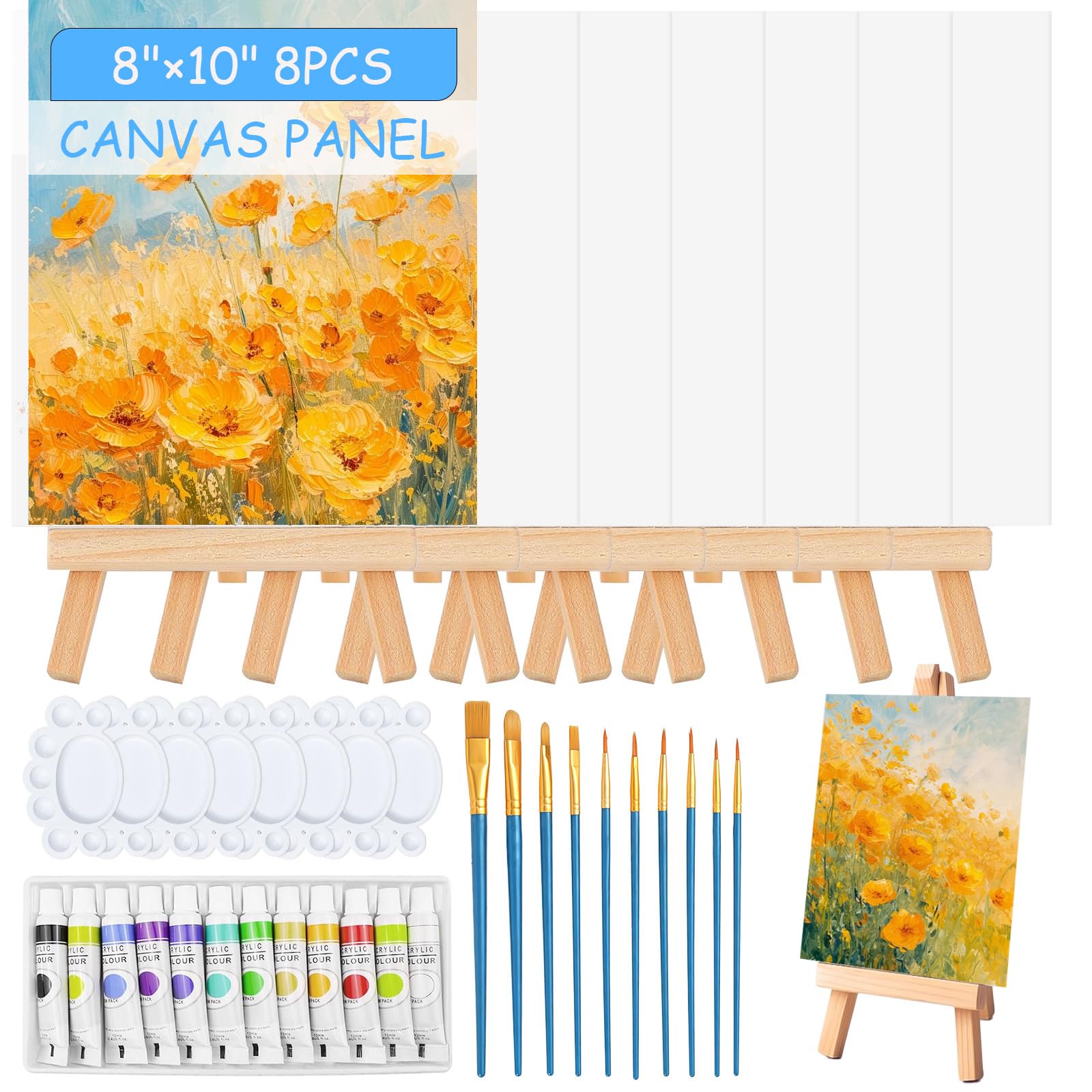 86 Pcs Canvas with Easel, 8 x10 Inches Canvas Painting Set - Canvases with Wooden Easels, Paint Brushes, Paint Palette, Hooks & Acrylfarben for Kids, Artists, Art Parties, DIY Craft Project