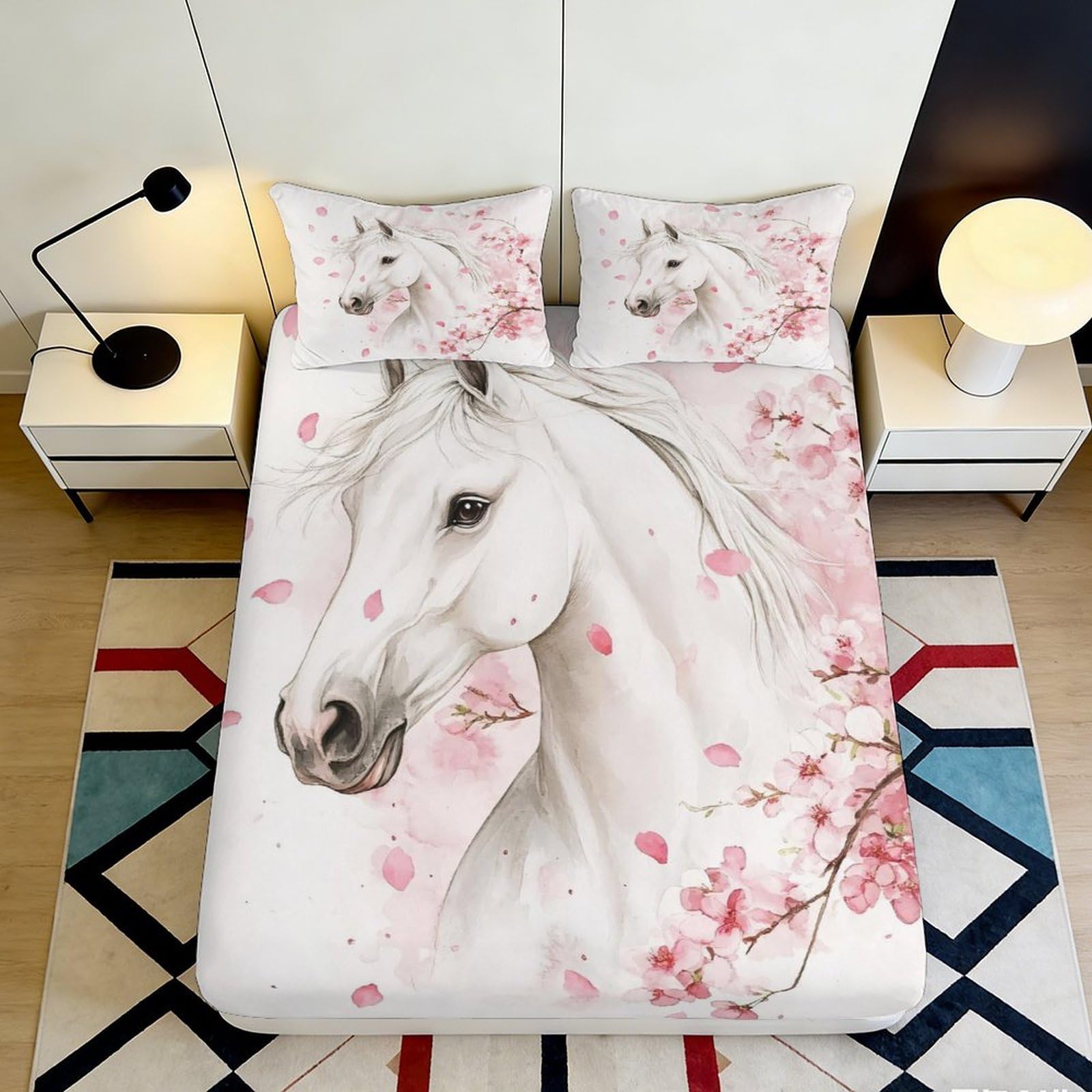 3D Printed White Horse Sakura Fitted Sheet Microfiber Soft Anti-Slip Bed Cover for Bedroom Dorm Mattress Decor 120x200cm 180x200x25cm