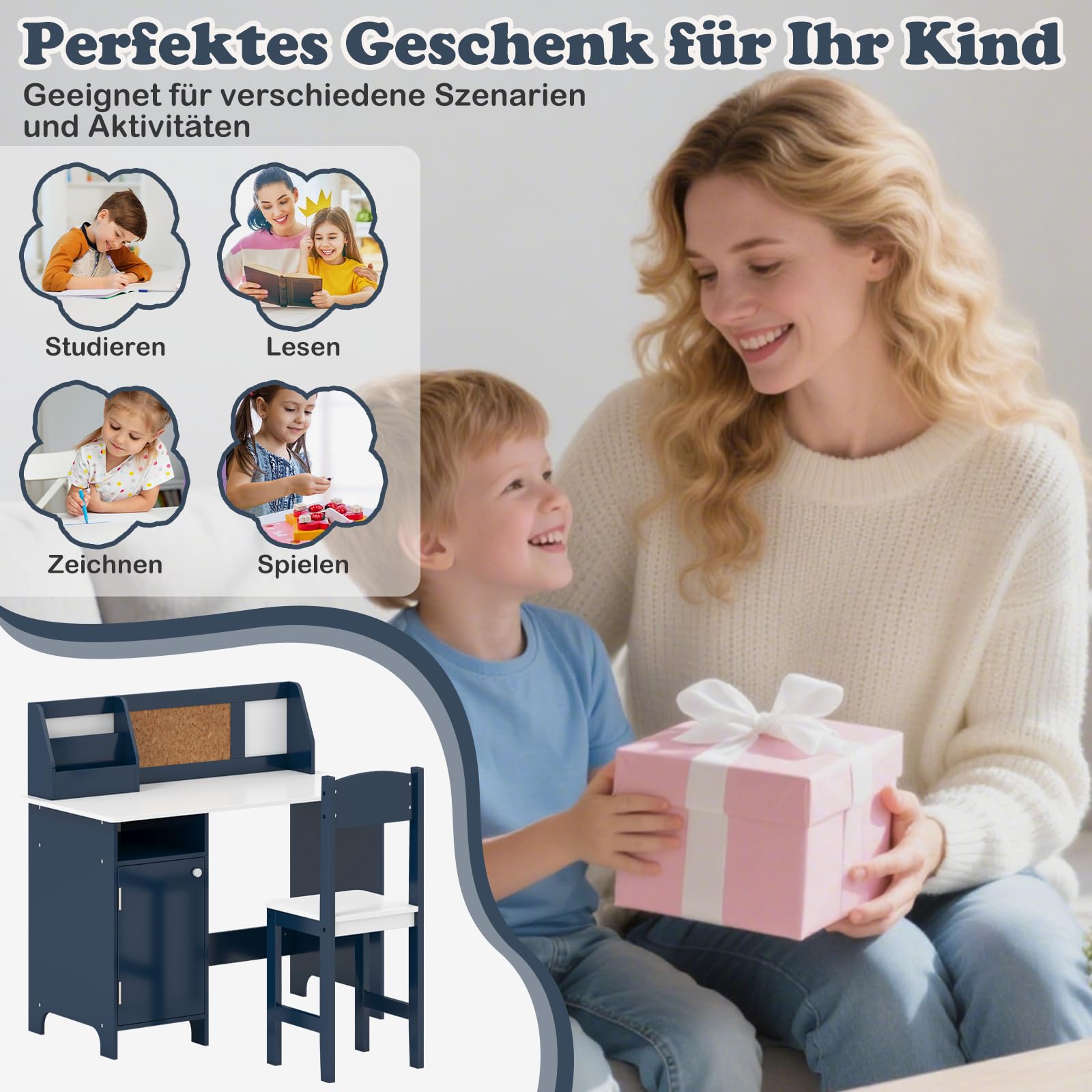 COSTWAY Kinderschreibtisch Set, Schreibtisch Kinder mit Stuhl aus Holz, Schülerschreibtisch mit Bücherregal, Schrank & Pinnwand, Jugendschreibtisch für Kinder ab 3 Jahren (Blau)