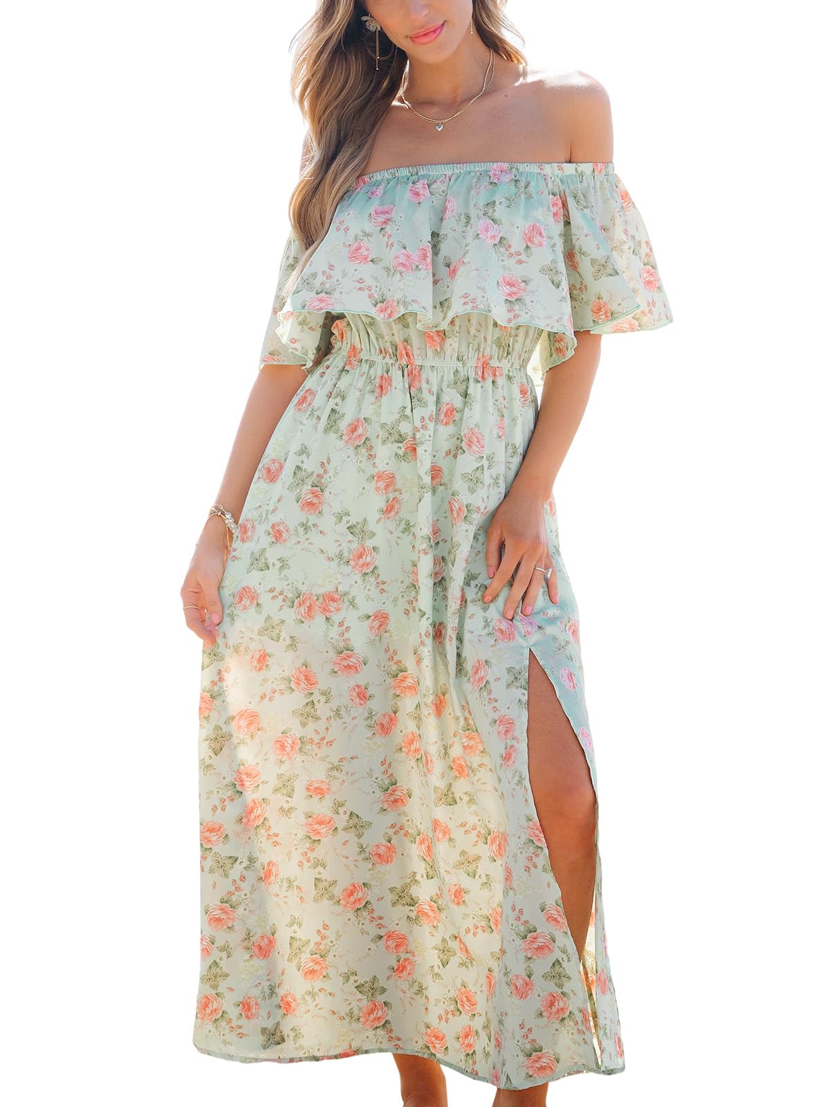 CUPSHE महिलाओं की रफ़ल फ्लोरल मैक्सी ड्रेस - ऑफ शोल्डर, बैकलेस, स्लिट हेम, पीला (एक्स्ट्रा स्मॉल)