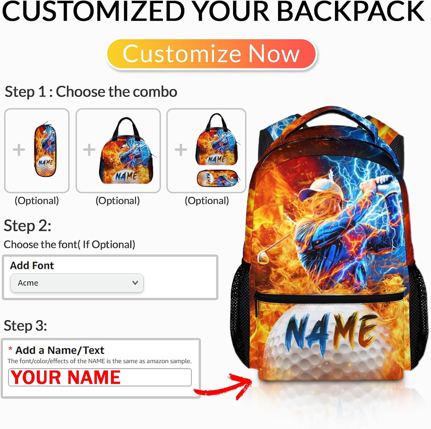 Boys School Backpack - Custom Golf Boys Backpacks with Name for Kids Teens Elementary Middle Primary High Senior - 17 Inch Lightweight Cool Sport Bookbag for School Travel