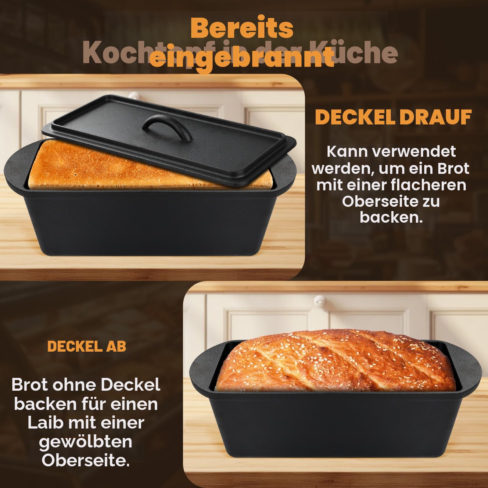 NZQXJXZ 35cm Brotbackform mit Deckel, Gusseisen Topf Dutch Oven Gusseisenpfanne für Brot Backen, Banneton Brot Gärkorb Sauerteig Brotbacken Zubehör für Laib Form, Toast Brotbackform Eckig