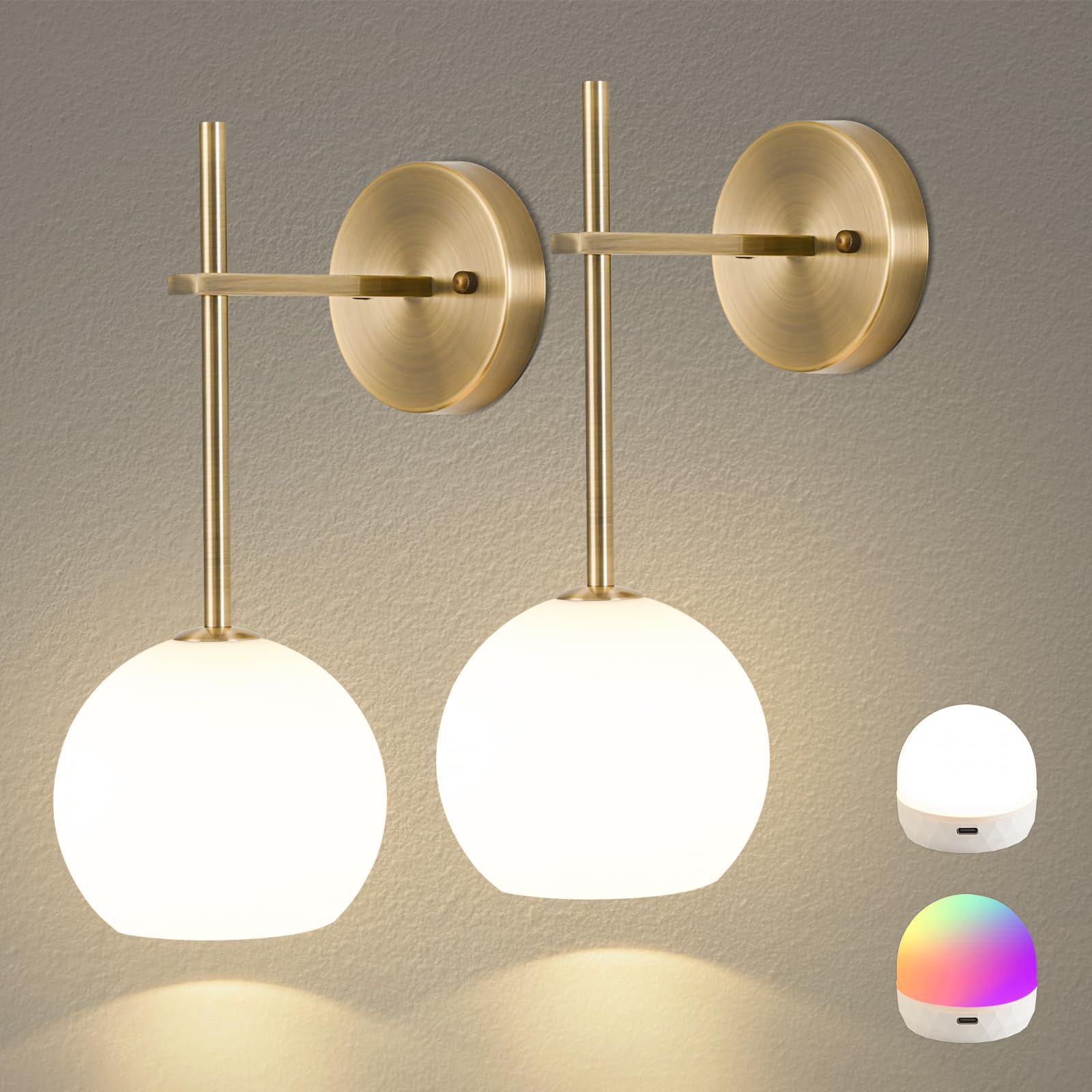 Brass Battery Operated Wall Sconces Set of 2, Rechargeable Wireless Wall Lights with Milky White Frosted Glass, 12 RGB and 3CCT Dimmable, Wall Lamps with Remote for Bedroom Living Room Hallway