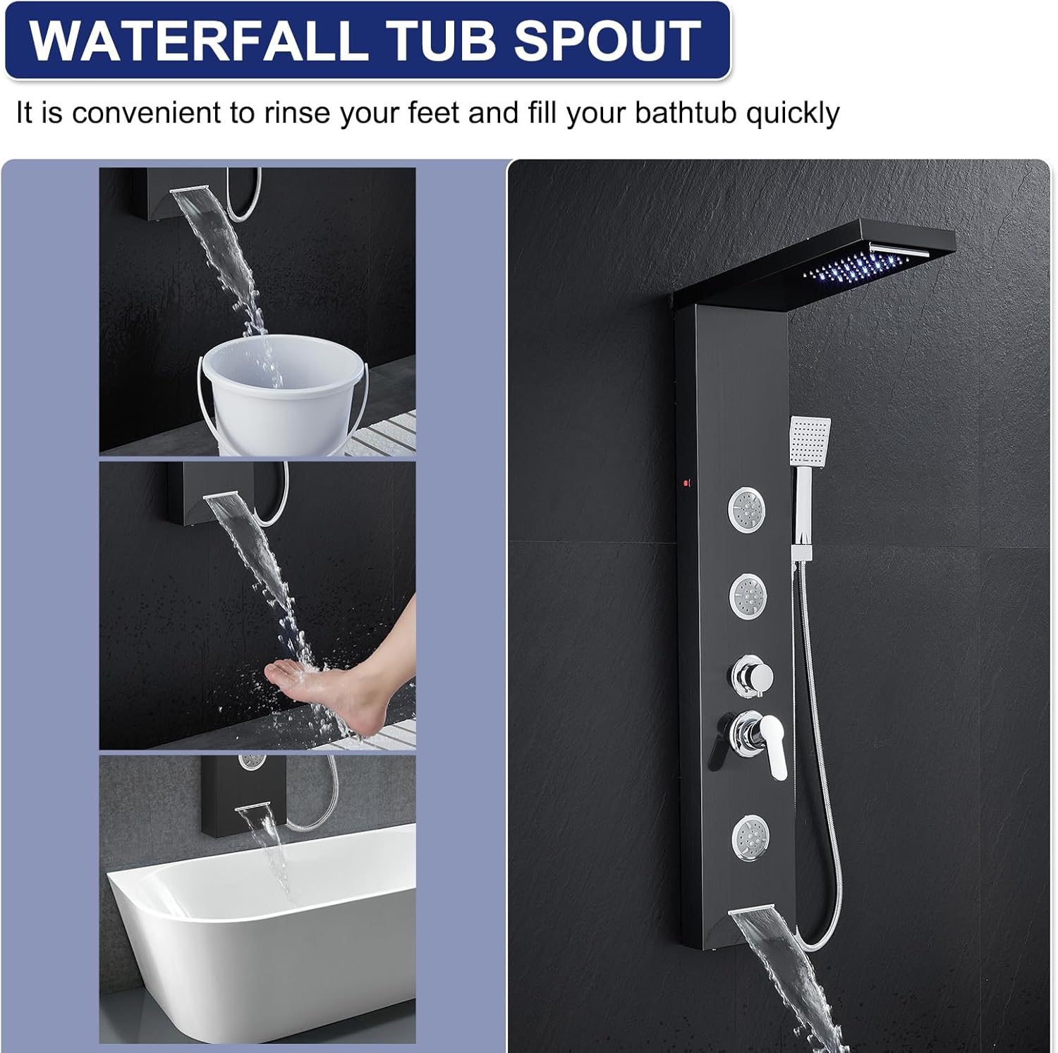 ROVATE LED Shower Panel Tower System with Rainfall Waterfall Shower, Black Shower Tower with Jets and Rainfall and Handheld, 5 in 1 Stainless Steel Shower Column High Pressure with Tub Spout