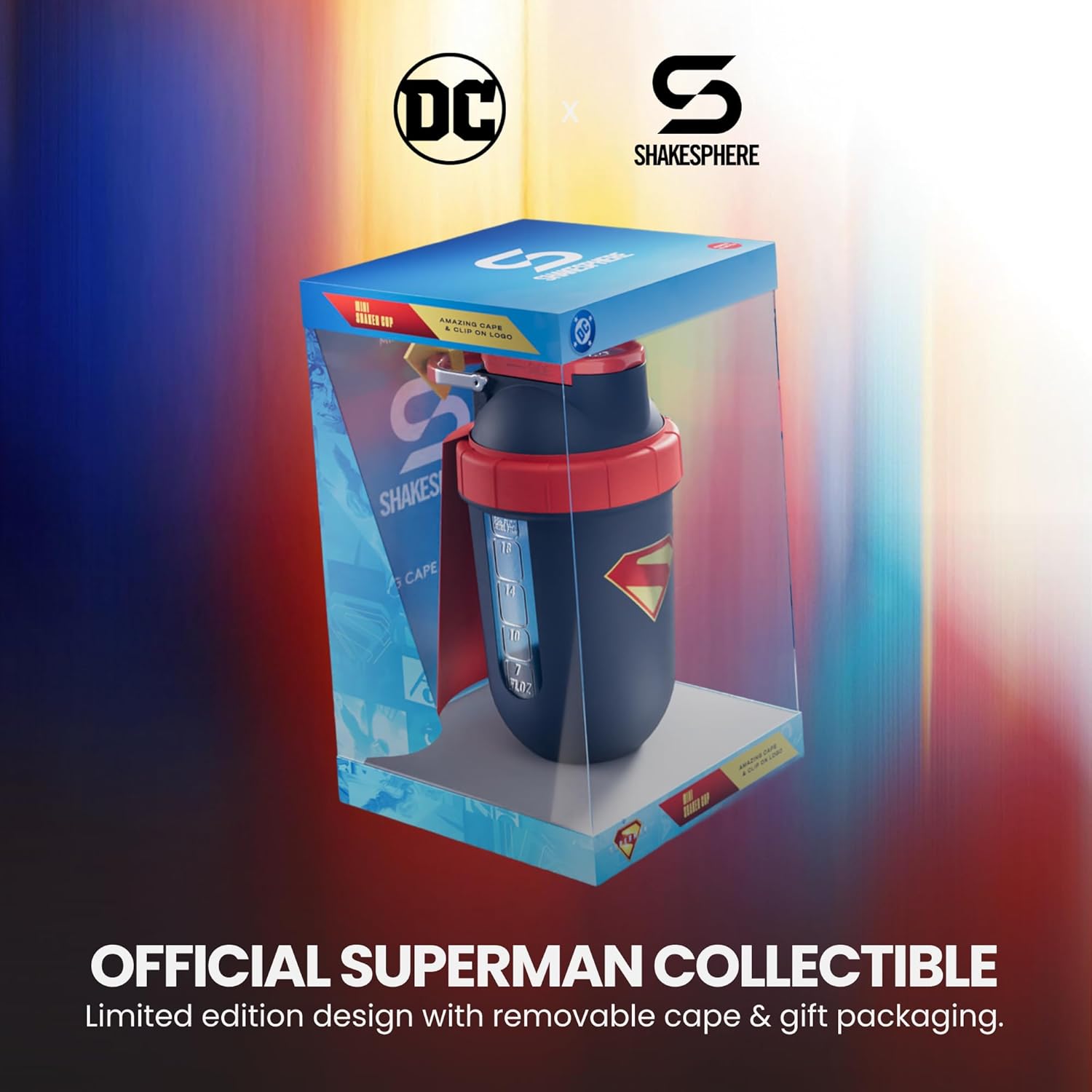 SHAKESPHERE Mini Protein Shaker Bottle - Superman Limited Edition - 450ml Leak-Proof Shaker Cup with Steel Slide Cap | Capsule Design,No Mixing Ball BPA-Free, 3D Logo, Collector’s Box