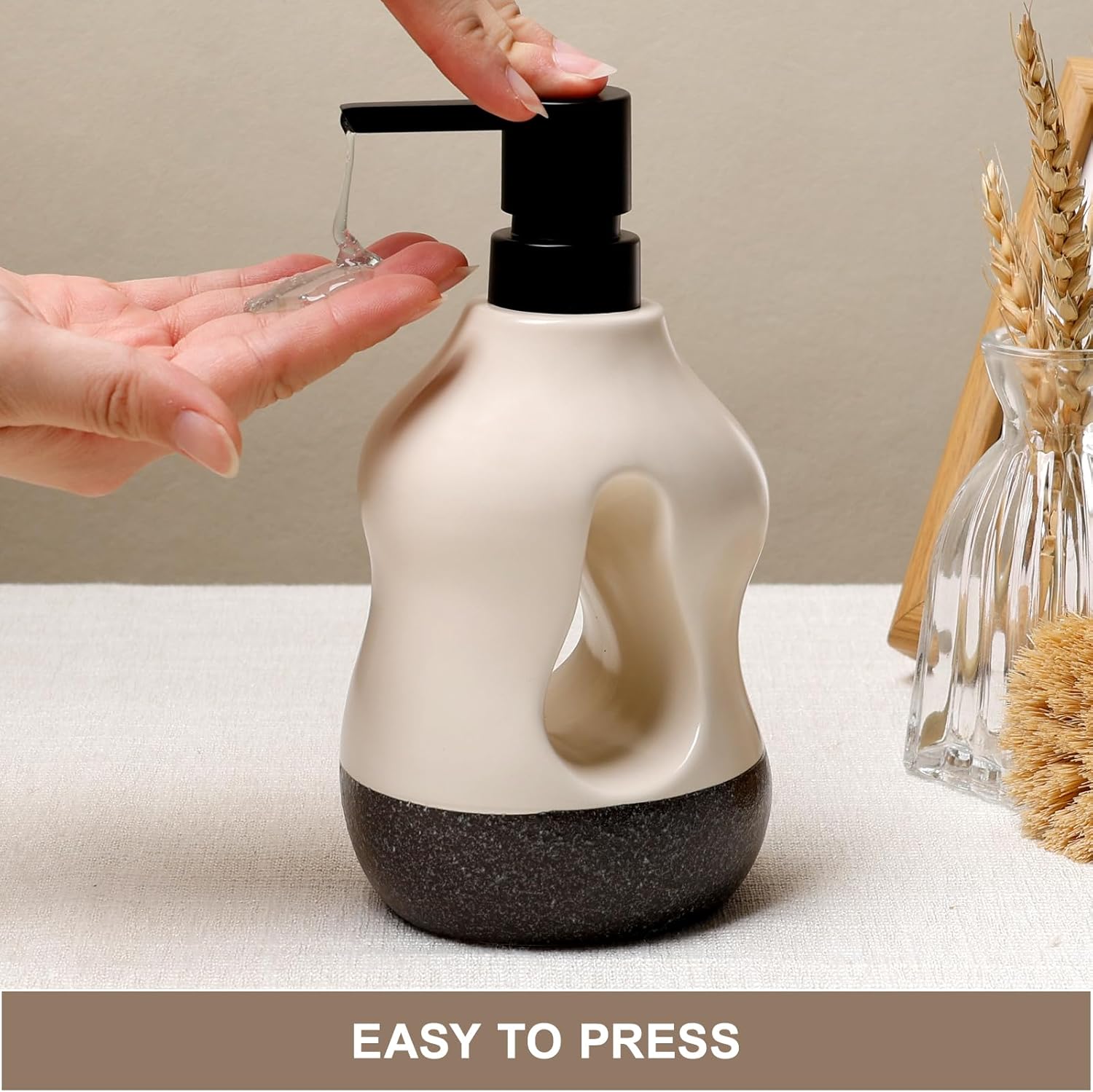 BosilunLife Ceramic Soap Dispenser - Soap Pump Dispenser Bathroom Kitchen Modern Farmhouse Elegant Refillable Soap Dispenser Lotion Hand Pump Dispenser for Kitchen Sink (Beige with Black Base, 15oz) - Image 3