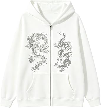 JHDESSLY Zip Up Hoodie Men Women Oversized Streetwear Dragon Sweatshirt