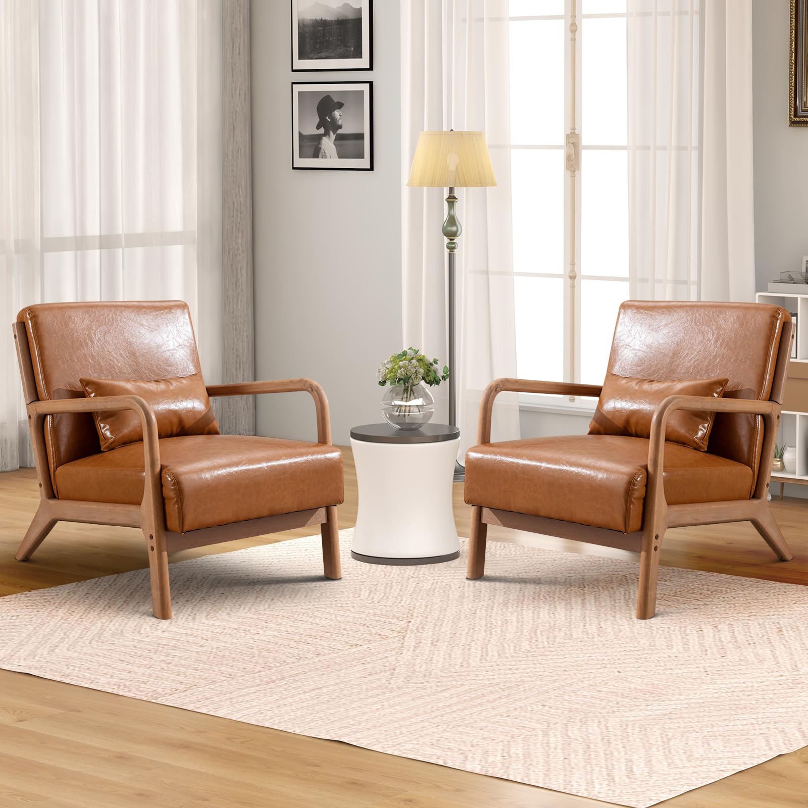 IOMOR Accent Chair Mid Century Modern Chair PU Leather Living Room Chairs with Solid Wood Frame Comfy Upholstered and Lumbar Pillow Reading Side Chair