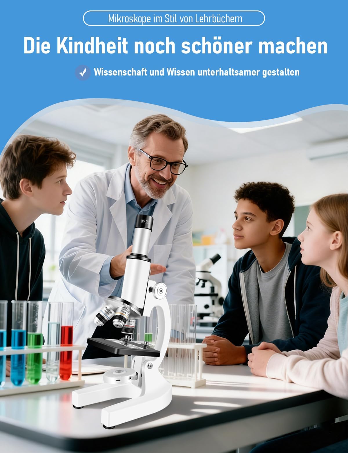 Monokulares Mikroskop, 40- bis 2000-fache Vergrößerung, mit Smartphone-Adapter, für Schüler, Heimschul-Labor-Set, inklusive Objektträgern