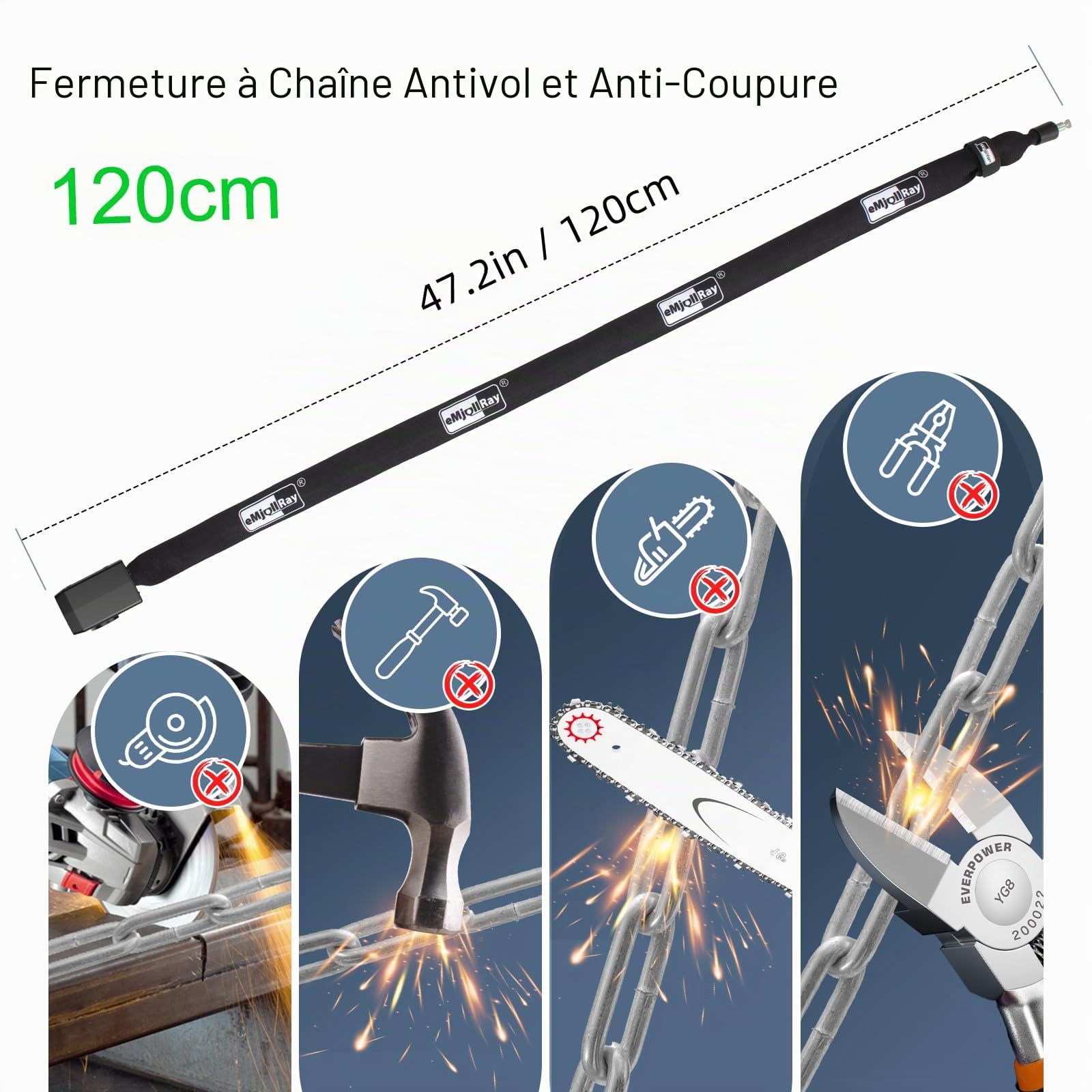 Antivol Velo avec Alarme 120CM 110dB Antivol Alarme Vélo avec Télécommande USB C Rechargeable Chaine Antivol avec 3 Clés et Sac pour Vélo Electrique Trottinette Moto Scooter Poussette Porte