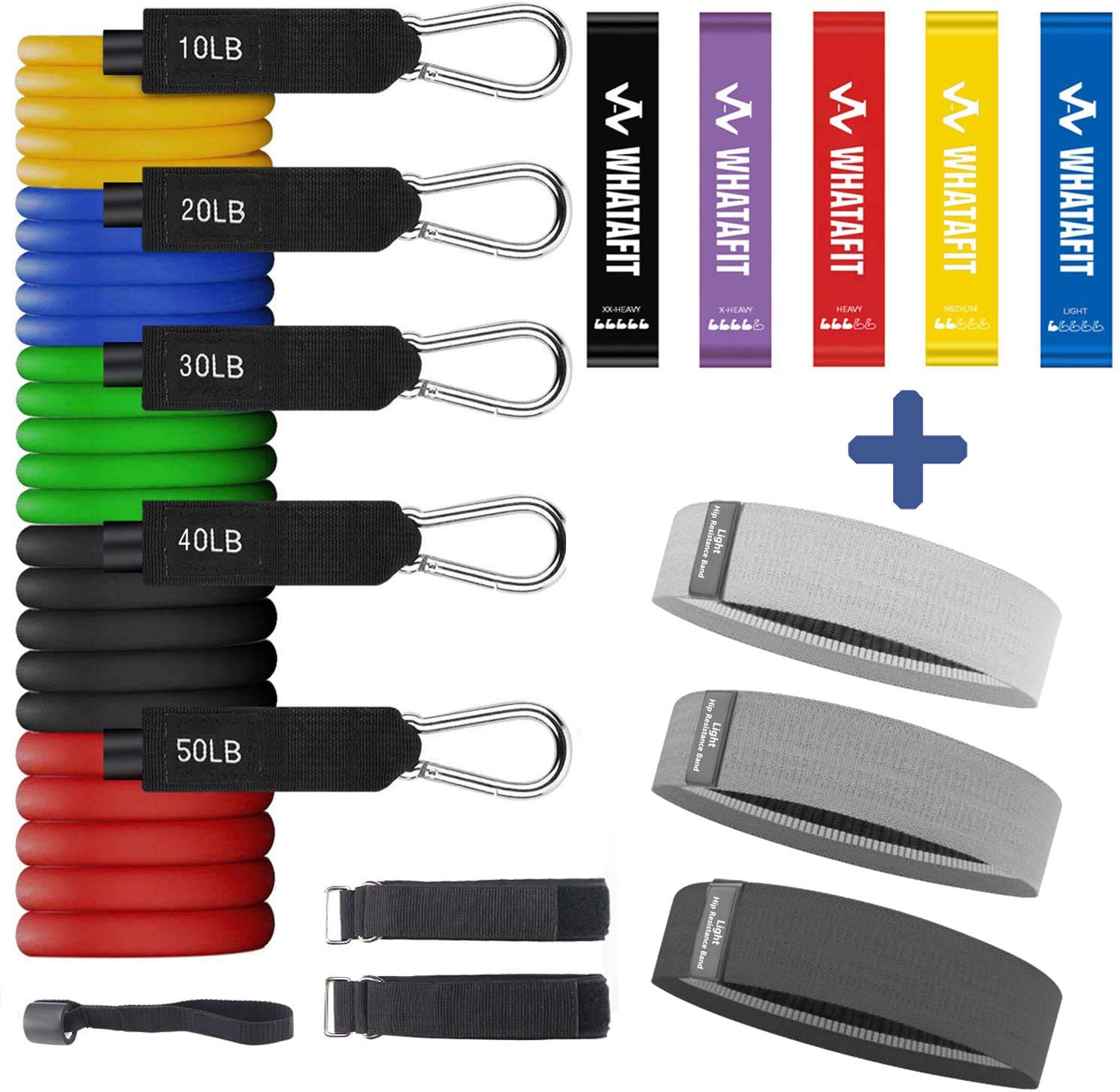 Whatafit Resistance Bands Set (16pcs) + Whatafit Booty Workout Bands, Non Slip Resistance Bands for Legs and Hip with 3 Resistance Levels for Men and Women(White & Grey & Black)