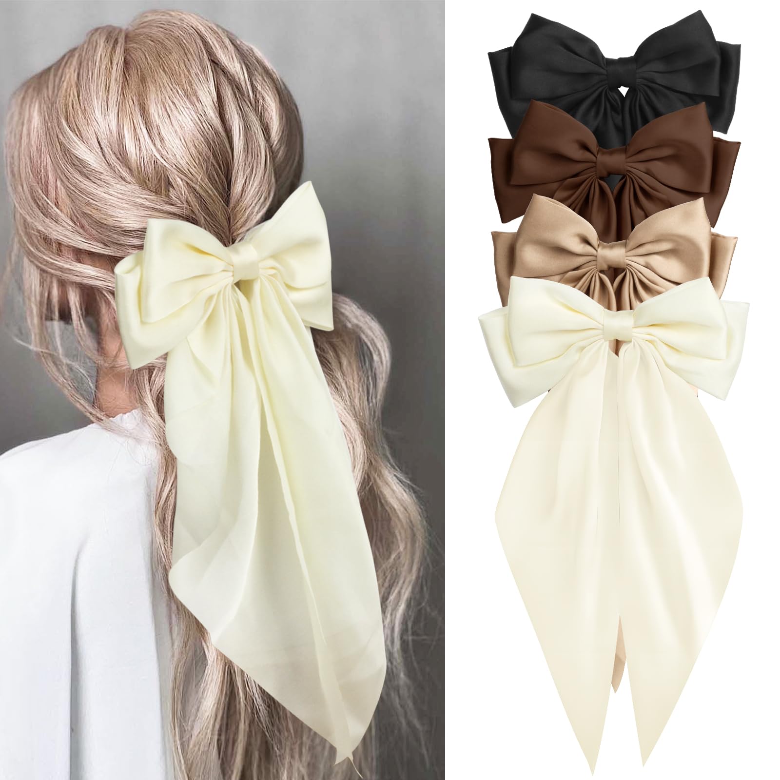 MIKONIKO Silky Satin Hair Bows for Women Girls - 4PCS Ribbon Bows for Hair, Big Bow Hair Clips with Long Tail, Barrettes - Cute Hair Accessories Gifts
