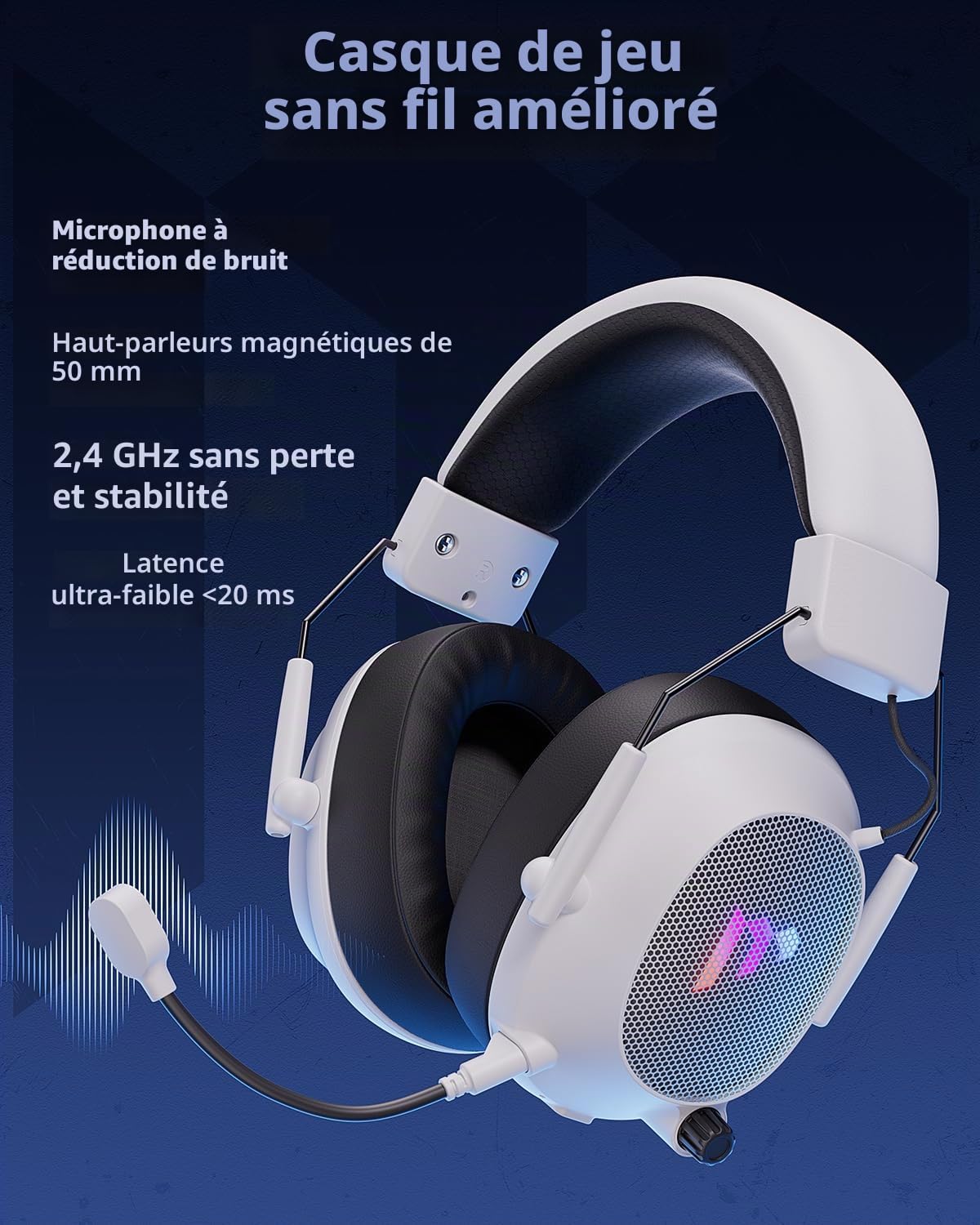 Mytrix Tac Master Casque de jeu sans fil 2,4 GHz avec microphone antibruit pour PC, PS4, PS5, Mac, casque de jeu Bluetooth 5.3 avec lumière RVB, son surround, batterie 50H (blanc)