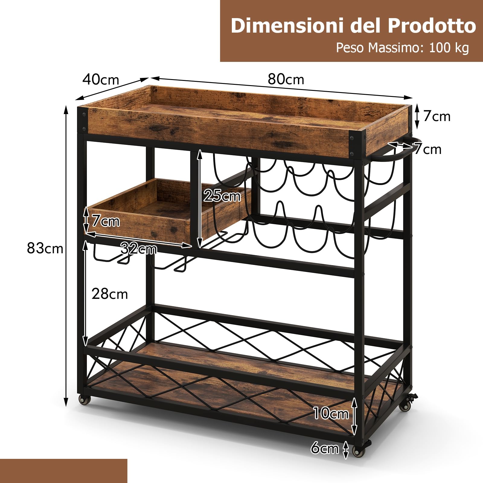 GYMAX Carrello Portabottiglie a 3 Livelli con Vassoio Rimovibile, Credenza Industriale Rustica per Casa con Portabottiglie e Bicchieri, Carrello Bar per Soggiorno, Cucina, Sala da Pranzo