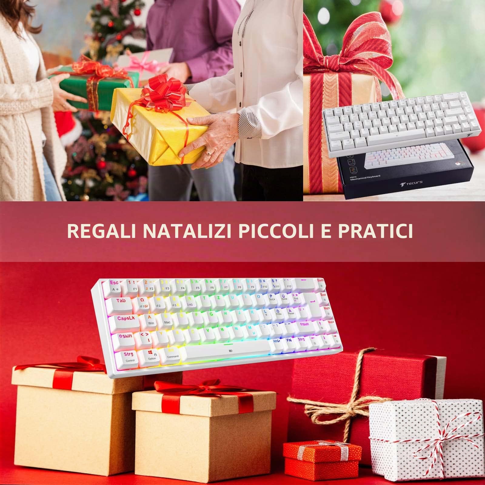 TECURS Tastiera da gioco meccanica senza fili RGB illuminata 65% TKL ricaricabile Bluetooth / 2.4G, 68 tasti, interruttore rosso QWERTZ per PC Windows/Mac/PS4, bianco