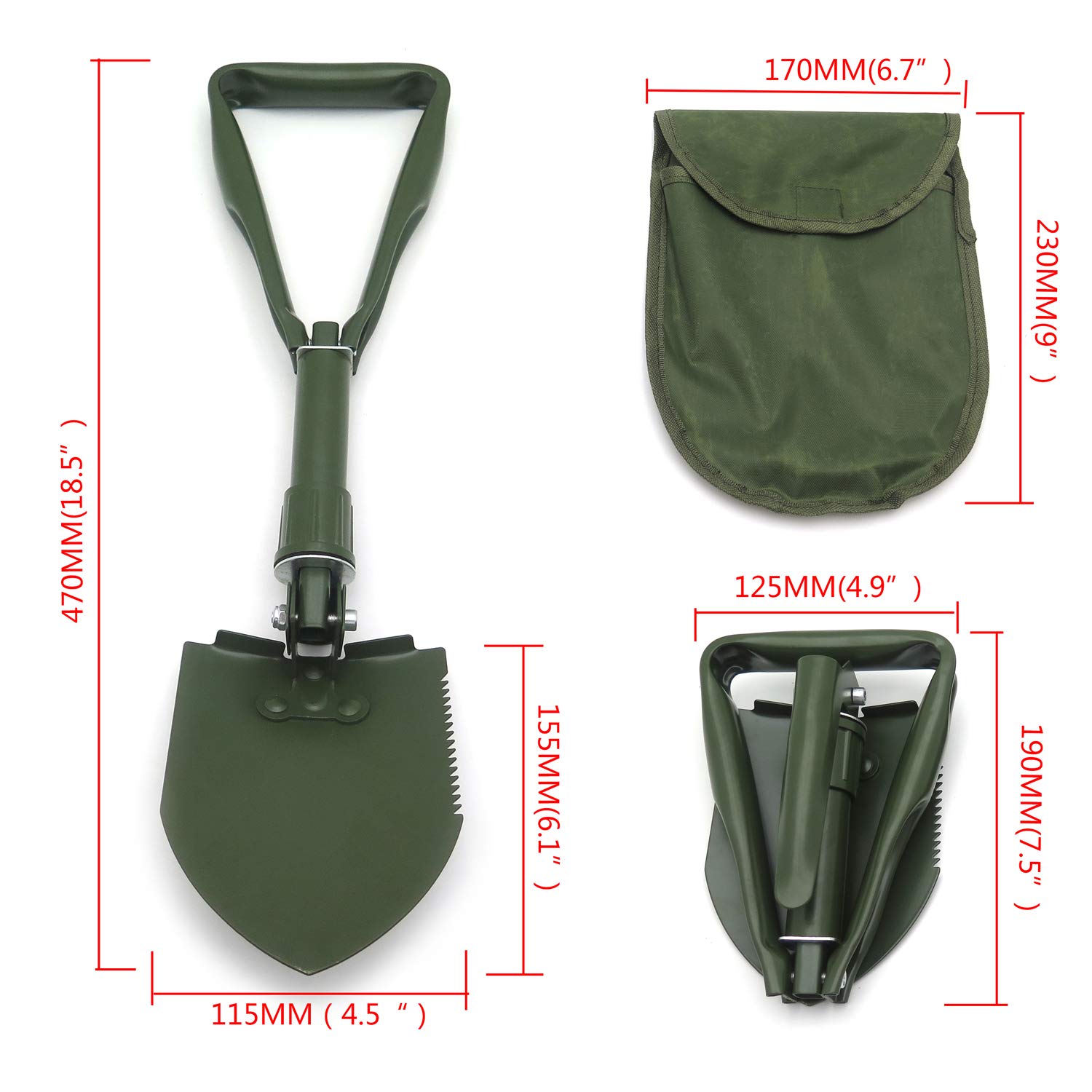 Pelle à outils pliante avec manche vert et étui de style militaire Pelle à outils pliante avec manche vert et étui de style militaire