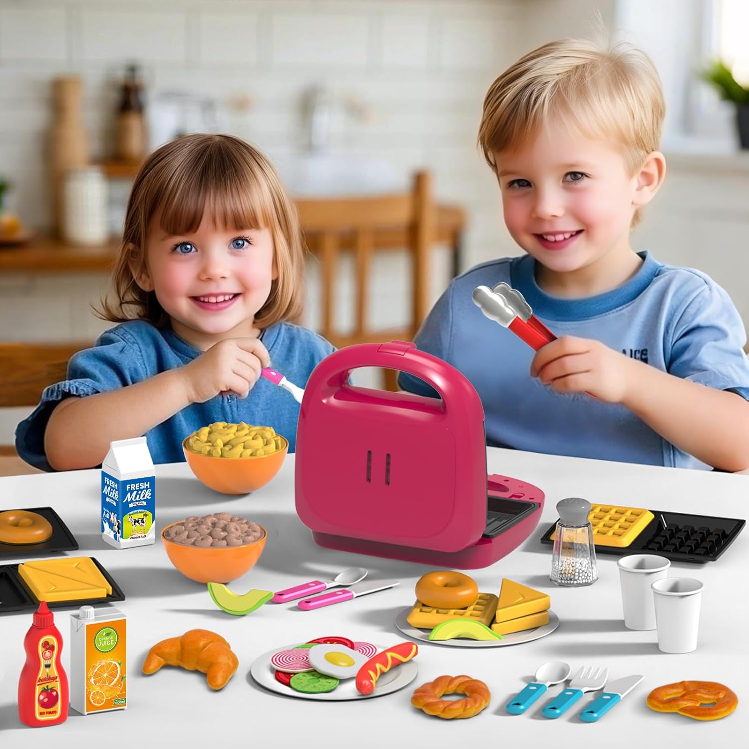 50Pcs Kids Pretend Play Breakfast Food Kitchen Toy Set, Waffle Maker Sandwich Machine with Light Sound and Accessories Include Food, Dishes & Utensil for Role Play Educational Toys for Kids Boys Girls