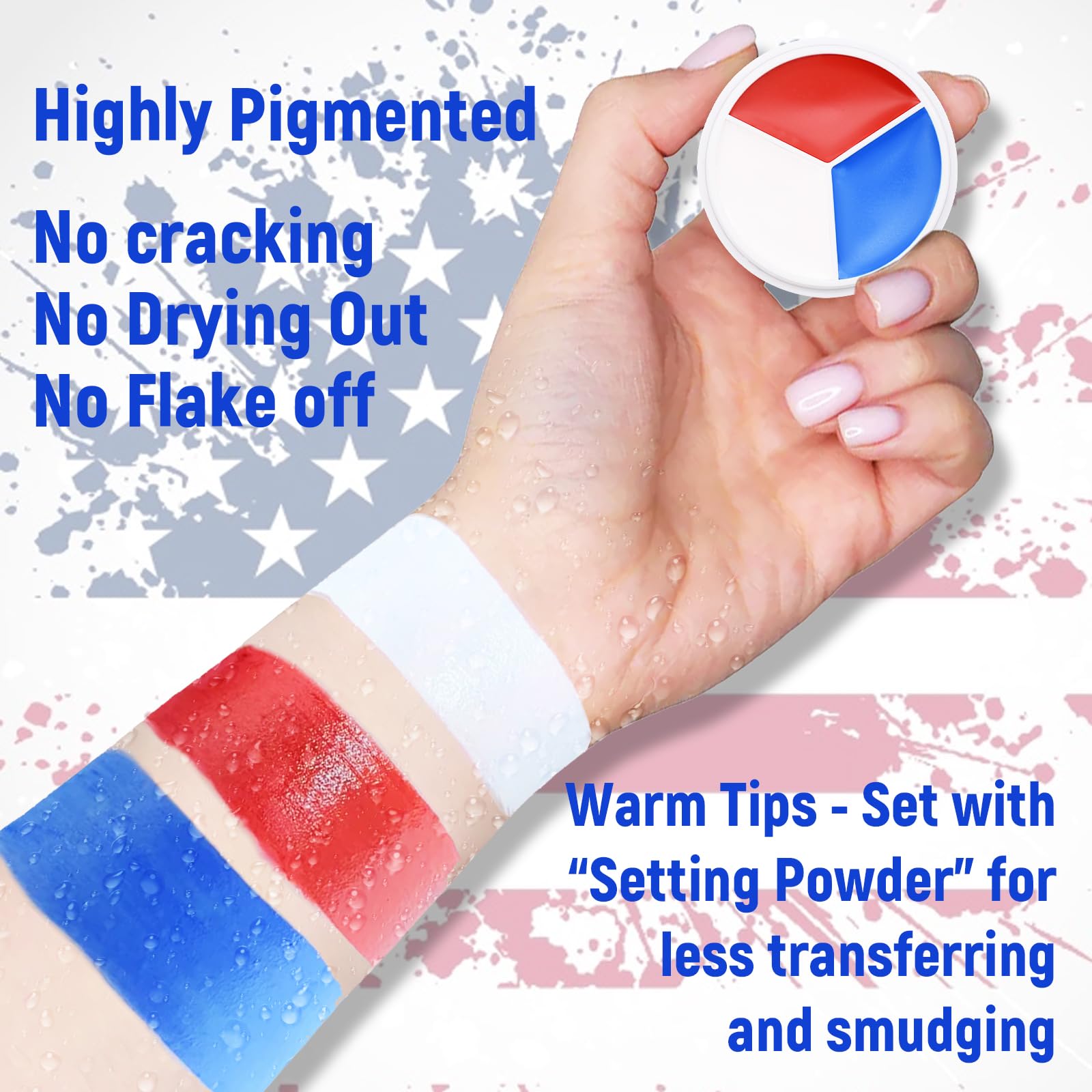 Pintura facial y corporal roja, blanca y azul, bandera estadounidense de Estados Unidos, paleta de pintura facial de 3 colores para eventos patrióticos de Estados Unidos, 4 de julio, día de la 4