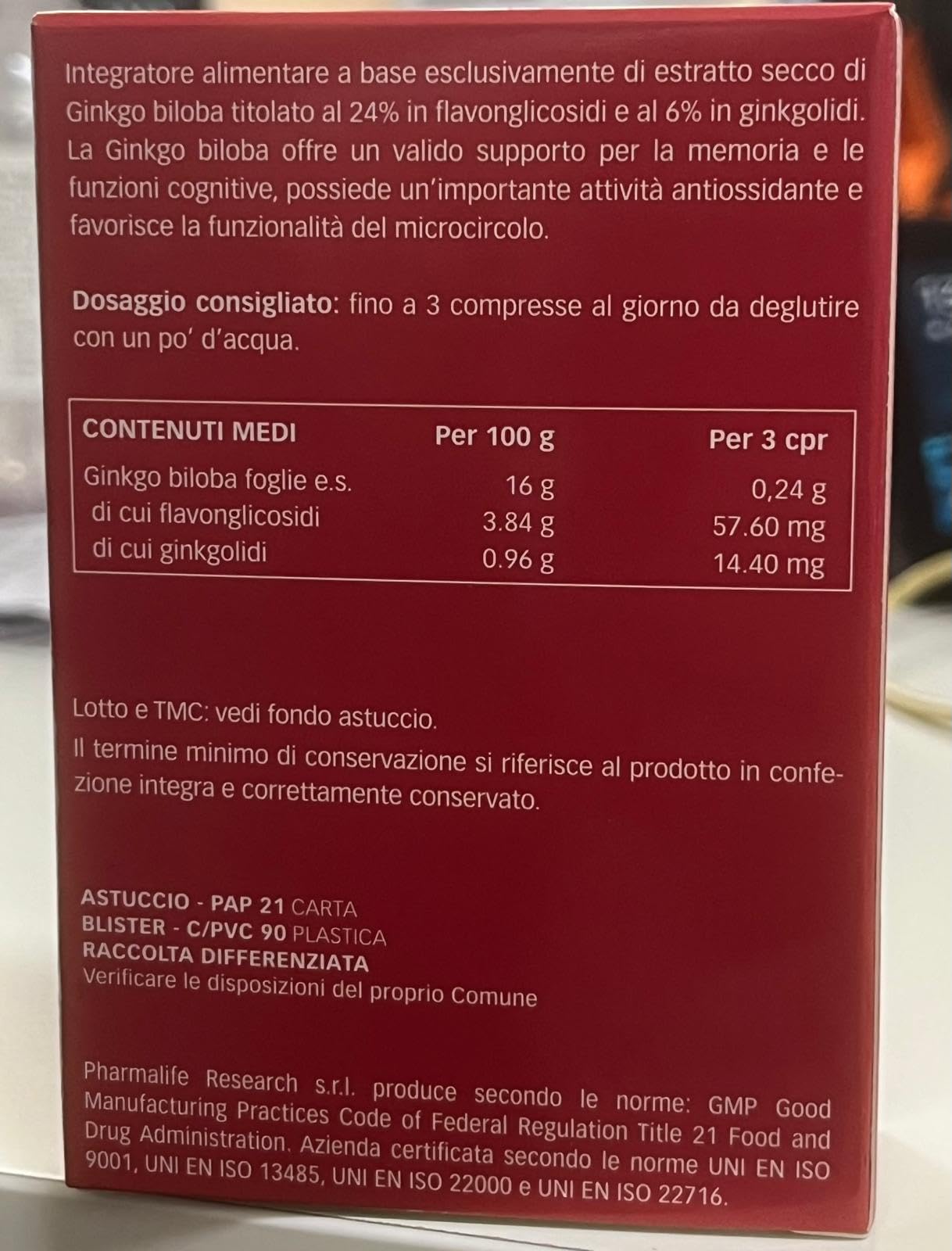 Pharmalife Ginkgo Biloba 100%, 60 Compresse, 30 grammo, 1