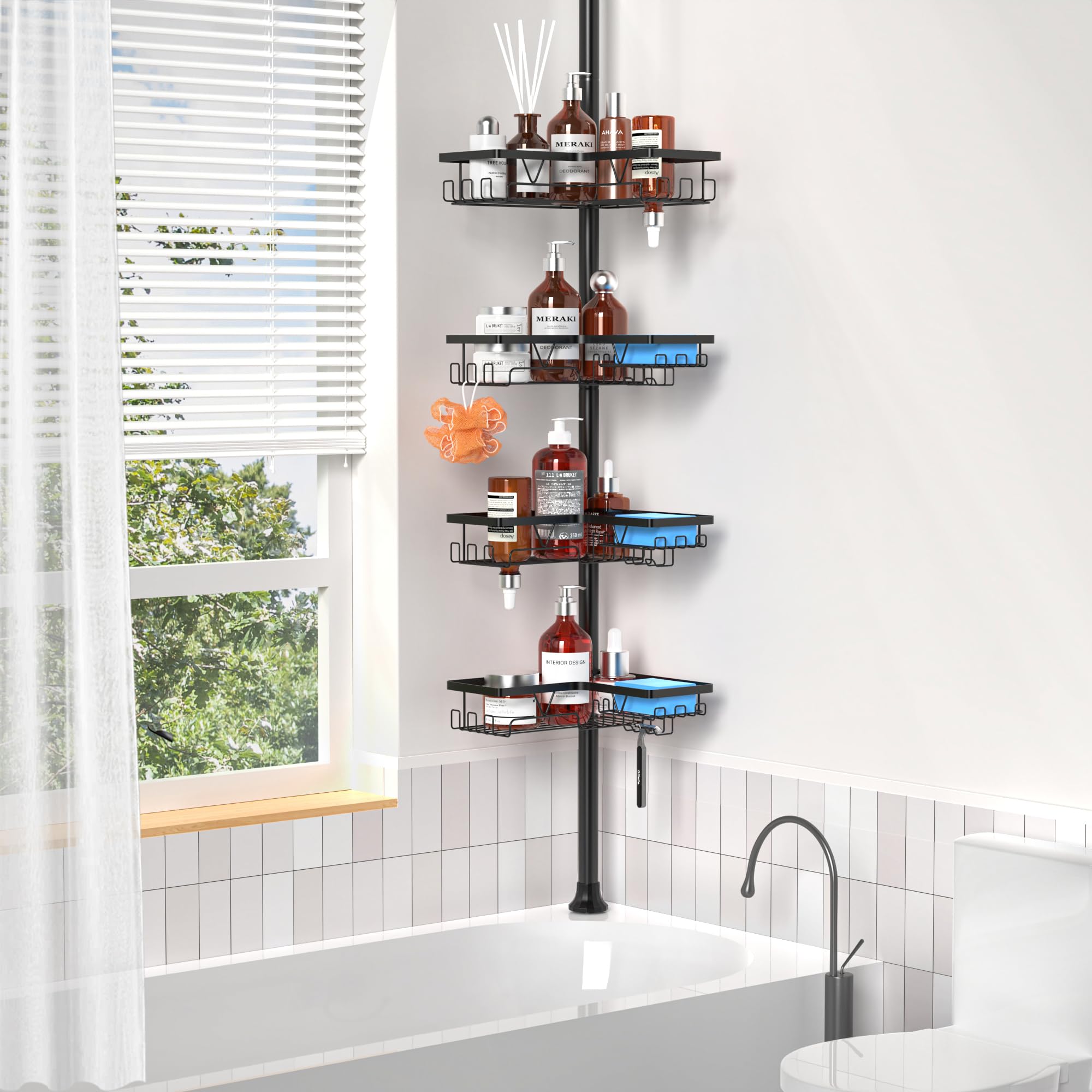 ZUNTO Mensola angolare per doccia, asta di tensione, regolabile da 63,5 a 289,6 cm, da pavimento a soffitto, organizer per asta da doccia in piedi, 4 ripiani, nero opaco