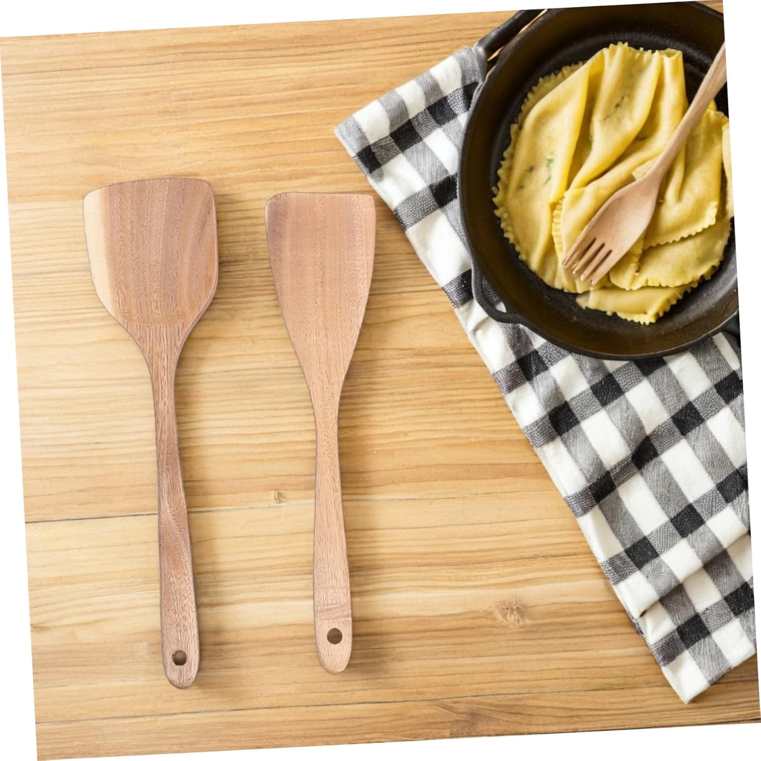 木製キッチン調理器具 点入り 滑り止めハンドル付き耐熱木製スプーン スパチュラ 収納バケツ付き調理ツール キッチンやレストラン