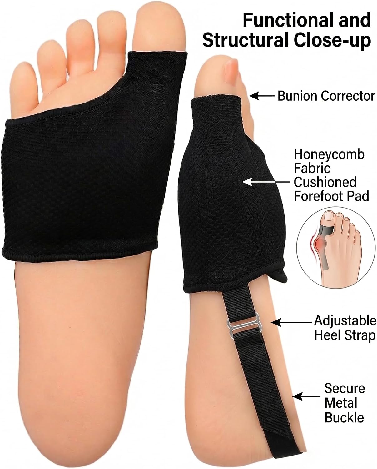 Metatarsal Pads for Women & Men - Soft Gel Ball of Foot Cushions, Breathable Forefoot Support Sleeves with Non-Slip Heel Strap, Comfort Inserts for All-Day Standing (2 Pairs Black, Large)
