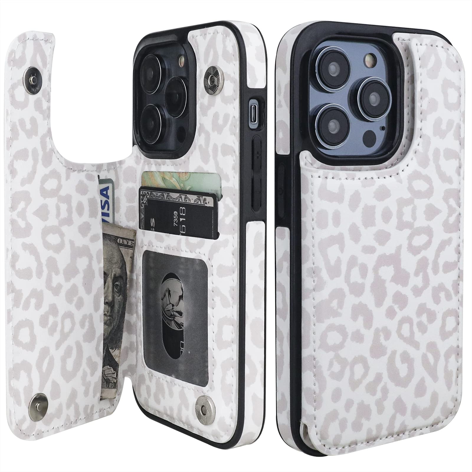 HAOPINSH for iPhone 14 Pro Wallet Case with Card Holder, White Leopard Cheetah Pattern Back Flip Folio PU Leather Kickstand Card Slots Case for Women