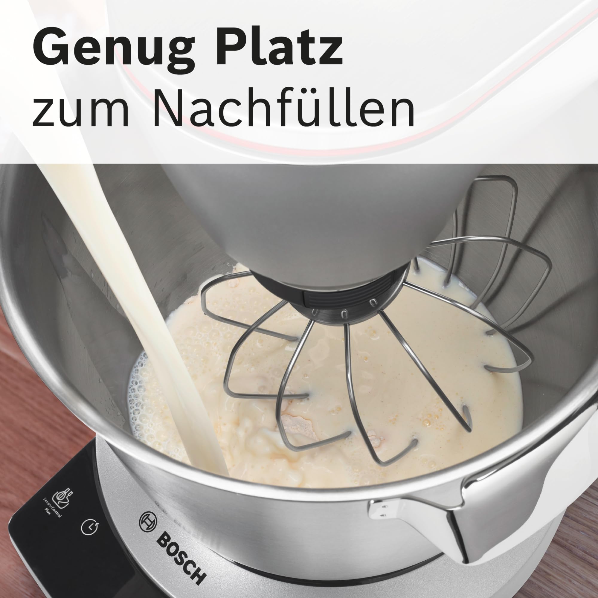 Bosch Küchenmaschine Serie 8 MUM9DT5S41, Edelstahl-Schüssel 5,5 L, integrierter Timer, ohne Waage, diverses Zubehör, Planetenrührwerk, Profi-Knethaken, Schlag-, Silikonbesen Edelstahl, 1600 W, silber