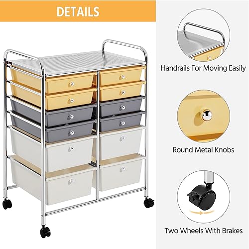 Miniatura 4 de Yaheetech Carrito de almacenamiento con ruedas de 12 cajones, organizador multiusos, móvil, carrito de almacenamiento, herramientas para álbumes de