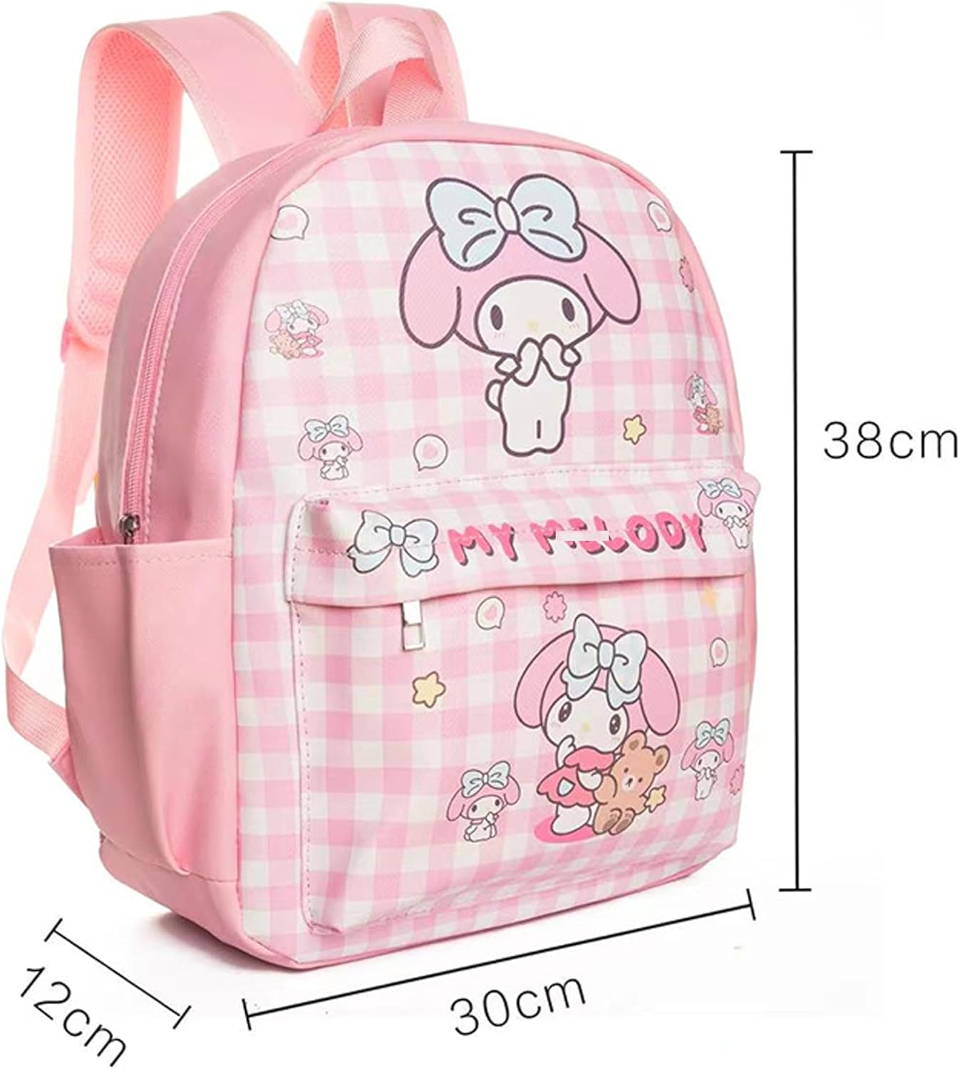 Roffatide Cartoon Melody All Over Print Checkered Casual Backpack Cute Backpack Travel Bike Rucksack Hiking Backpack Pink
