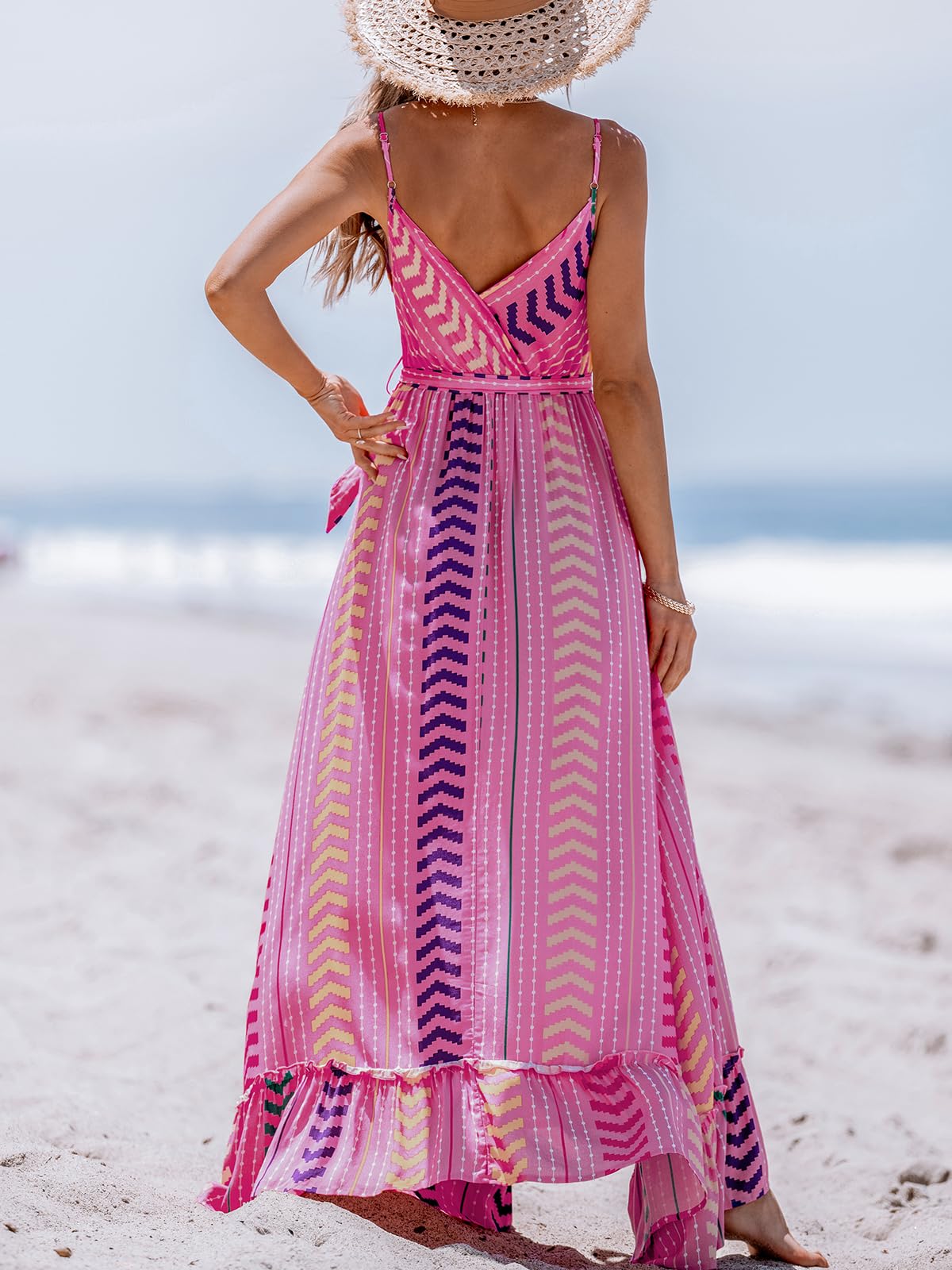 CUPSHE Damen Sommerkleid Boho V-Ausschnitt Ärmellos Maxikleid Spaghettiträger Freizeitkleid Rüschensaum Strandkleid mit Gürtel