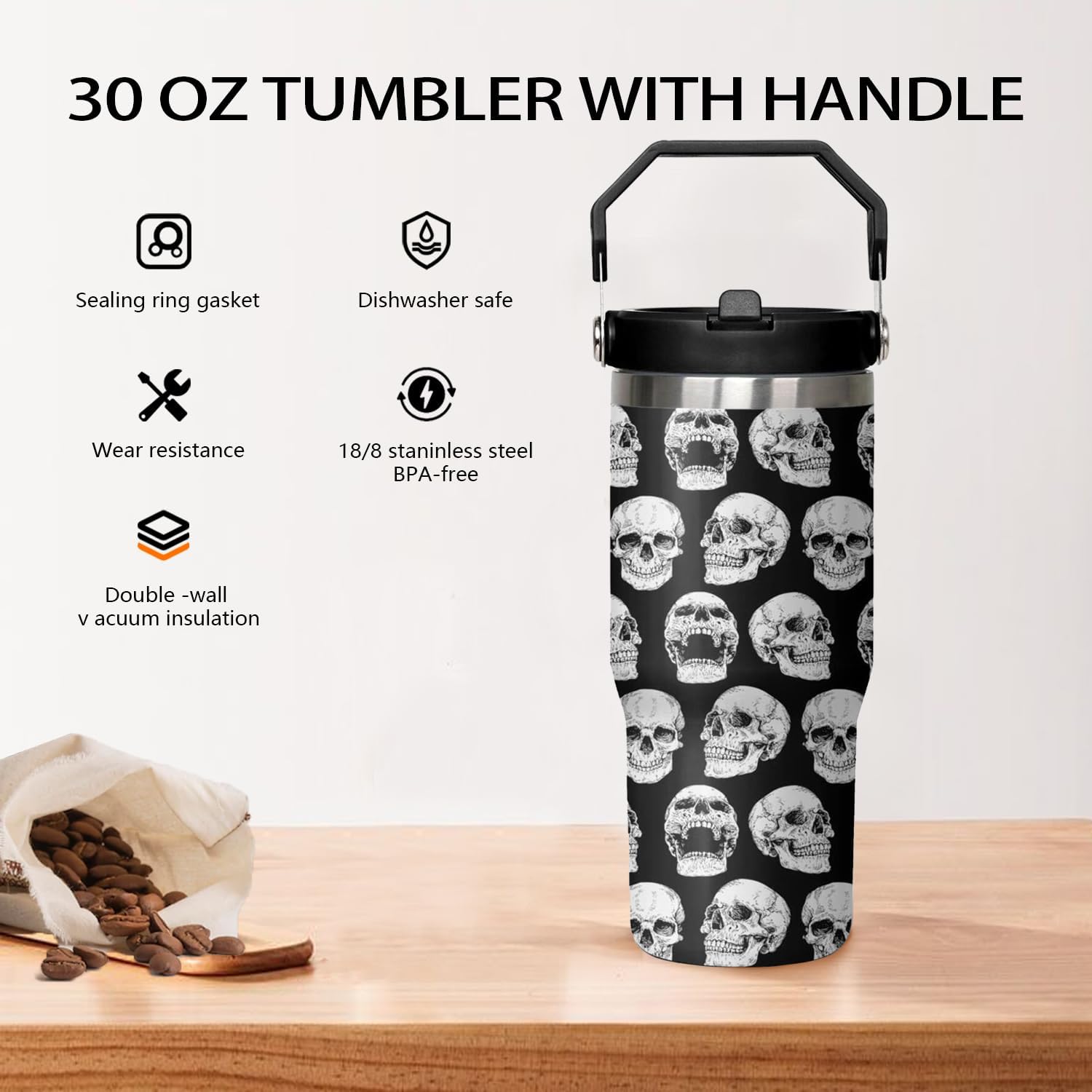 30 oz Skull Flip Tumbler with lid and Straw,Skull CoffeeTravel Mug Cup Water Botter,Skull Gifts for Women,Goth Stuff Decor Accessories - Image 4