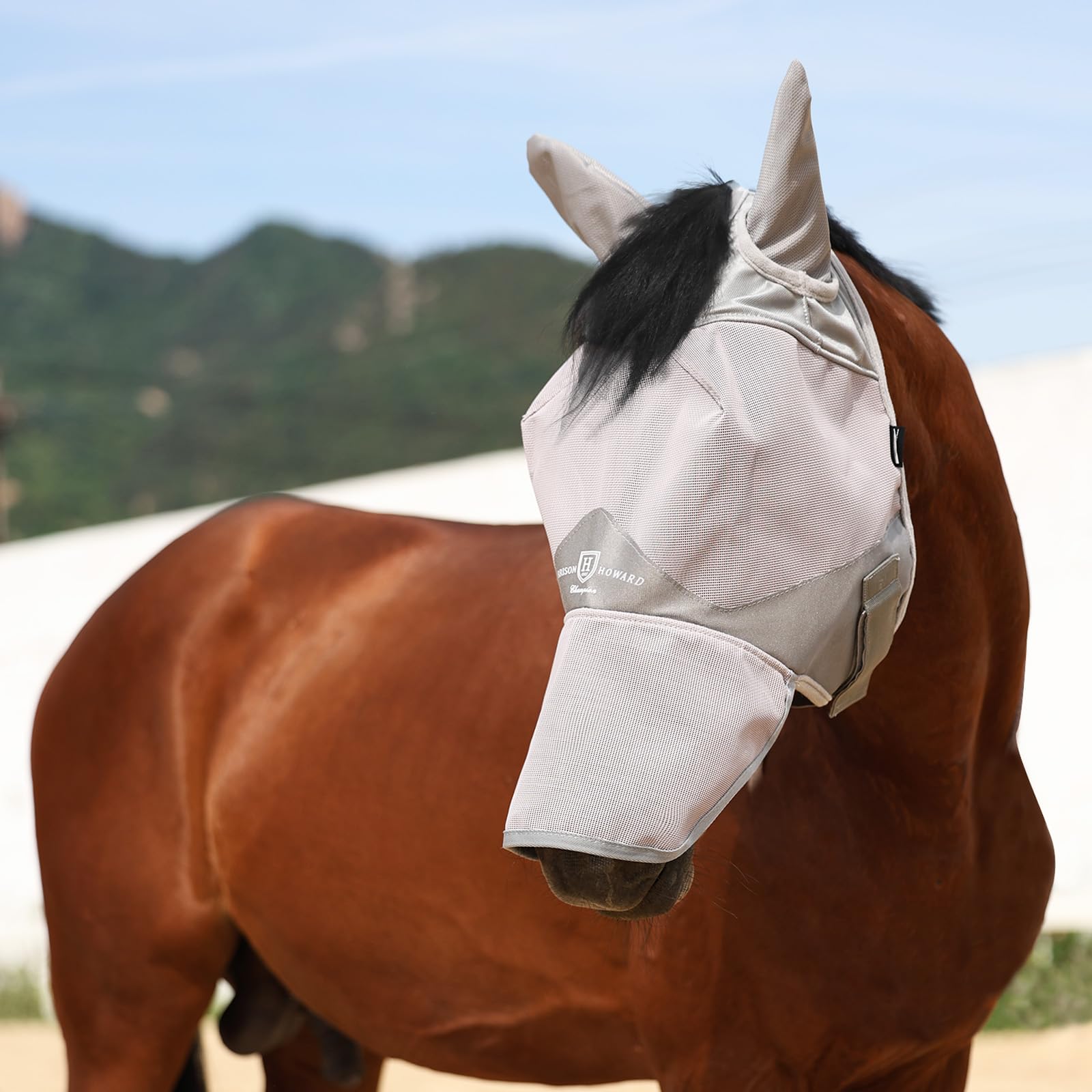 Harrison Howard Full Face Horse Fly Mask UV Protection and Breathable for Equine Use Comfortable Grey L