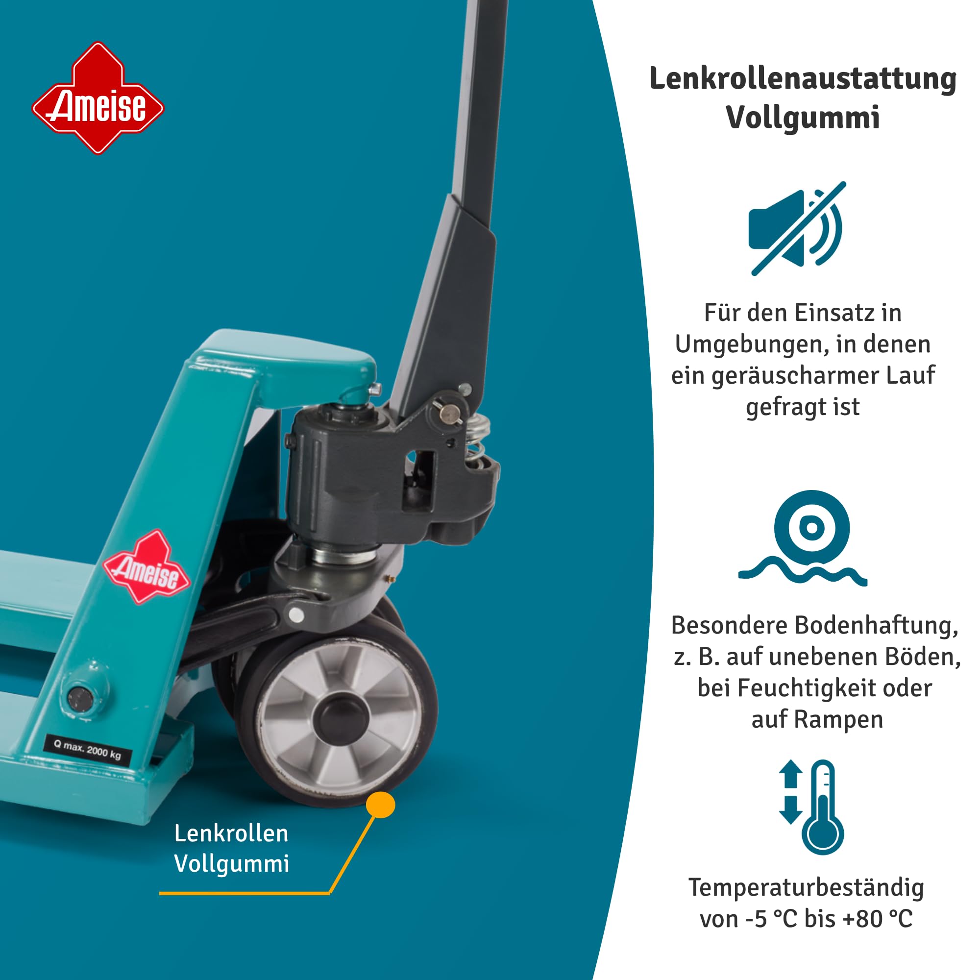 Ameise Hubwagen PTM | 2.000 kg Tragkraft | 1.150 mm Gabellänge | Lenkrad aus laufruhigem Vollgummi | Einfach-Gabelrollen aus robustem Polyurethan | Palettenhubwagen
