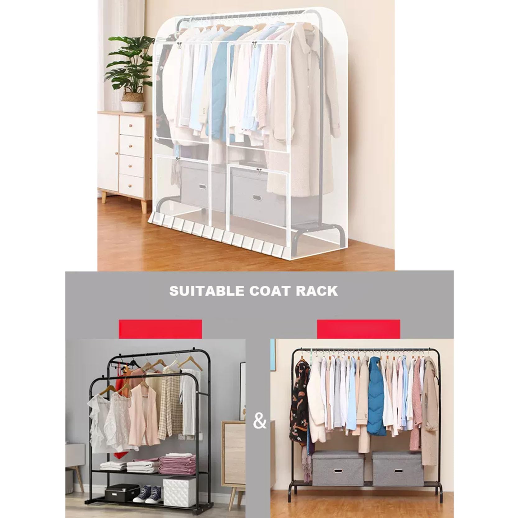 Funda para perchero transpirable con cremallera, a prueba de polvo, para colgar ropa, altura ajustable, 1,5 m, se adapta a estantes de 3,285,25 m, ideal para almacenamiento y organización (B 150 x 50