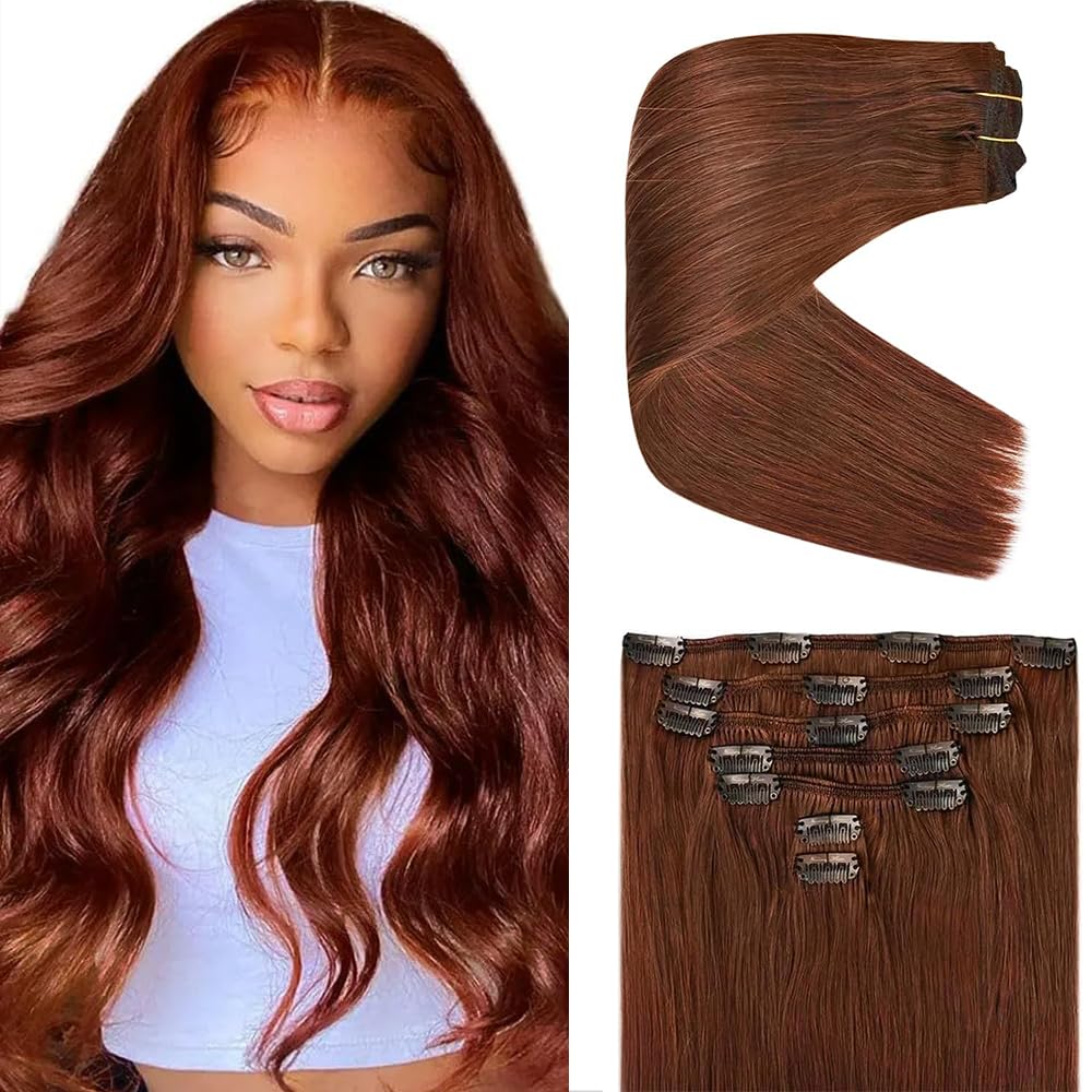 Photo 1 of #33 Auburn Brown Clip in Human Hair Extensions 20 Inch Reddish Brown Straight Clip in Seamless Extensions Human Hair Skin Weft Seamless Invisible Unprocessed Brazilian Virgin Remy Hair 120g
