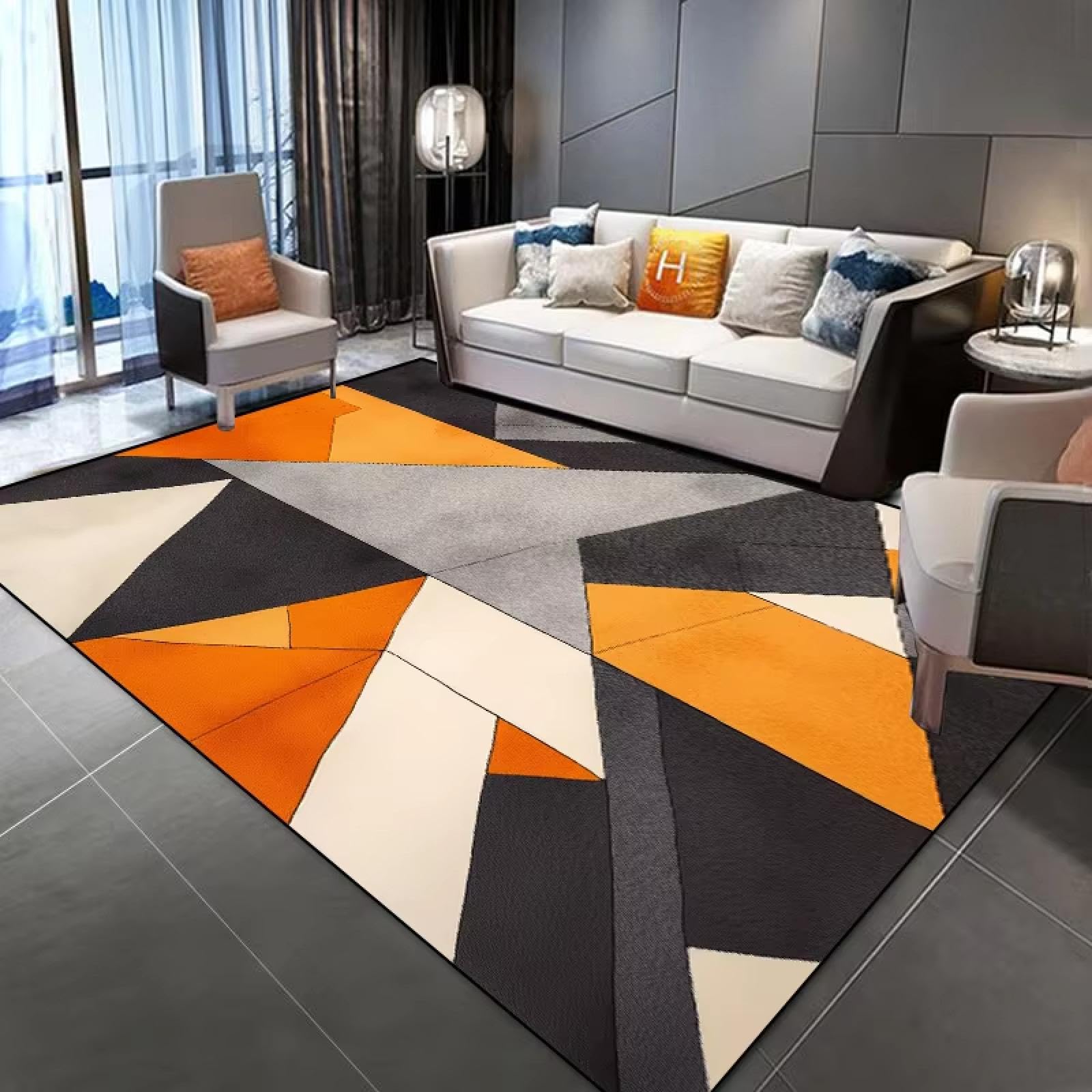 Tapis géométrique orange foncé crée un salon chaleureux au canapé