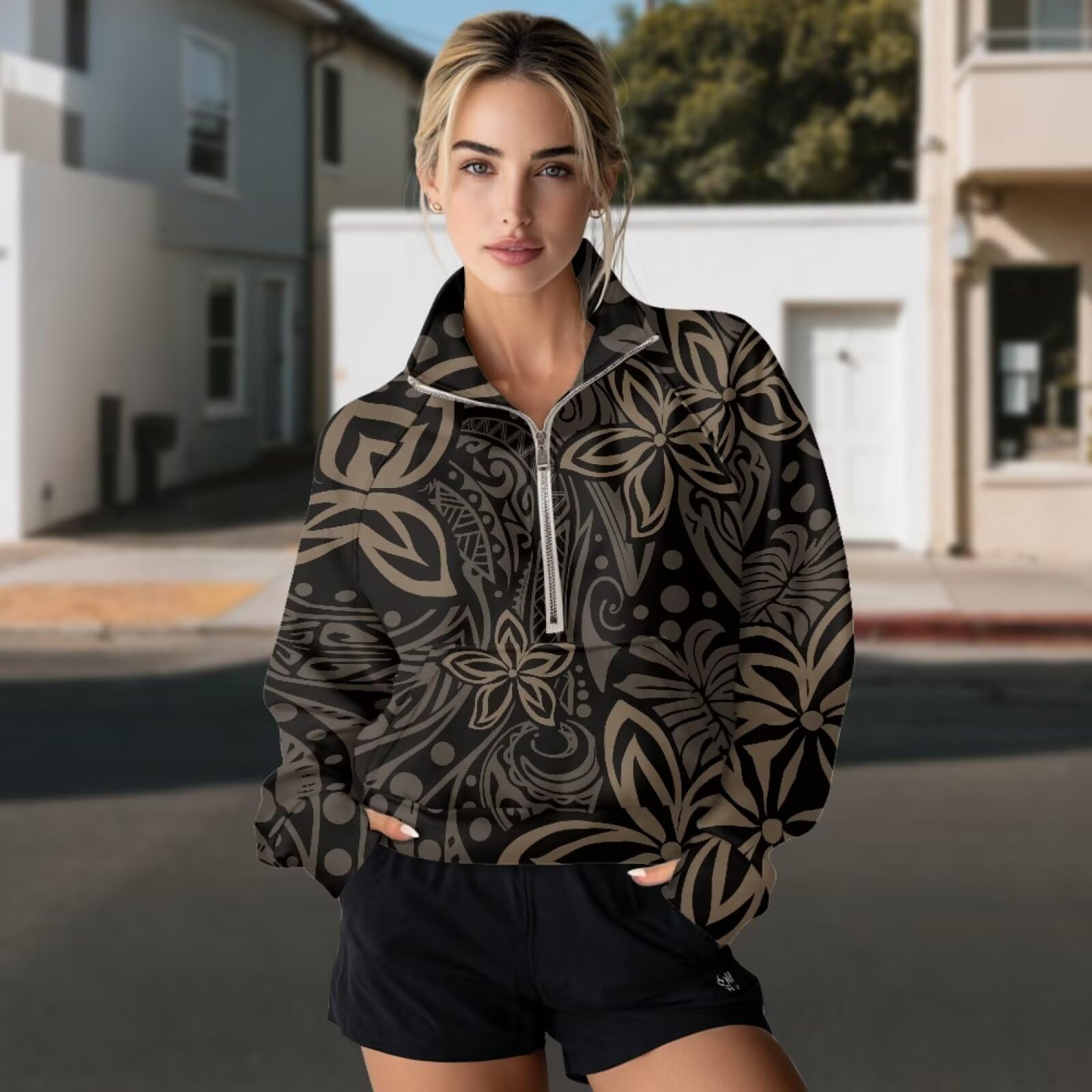 Poceacles Sudadera corta para mujer con 1/2 cremallera, agujero para el pulgar, cuello alto falso, sudadera con capucha suave para uso casual al aire libre
