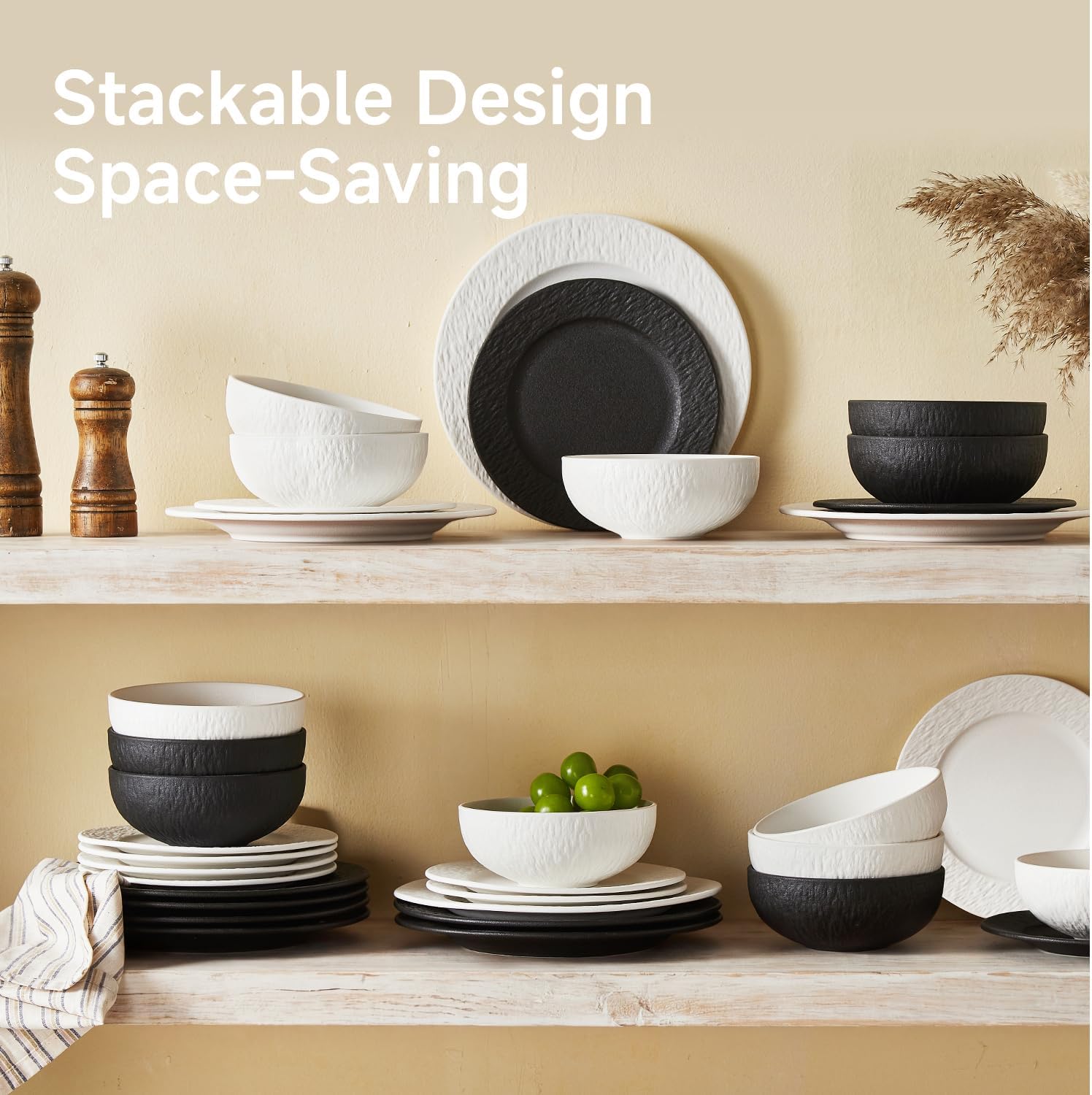 KINGSTONE Dinnerware Sets, 12-Piece Matte Marble Pattern Premium Porcelain dishes set, Plates and Bowls Sets for 4, Place Setting with Dinner Plate, Salad Plate, Pasta Bowl (White)