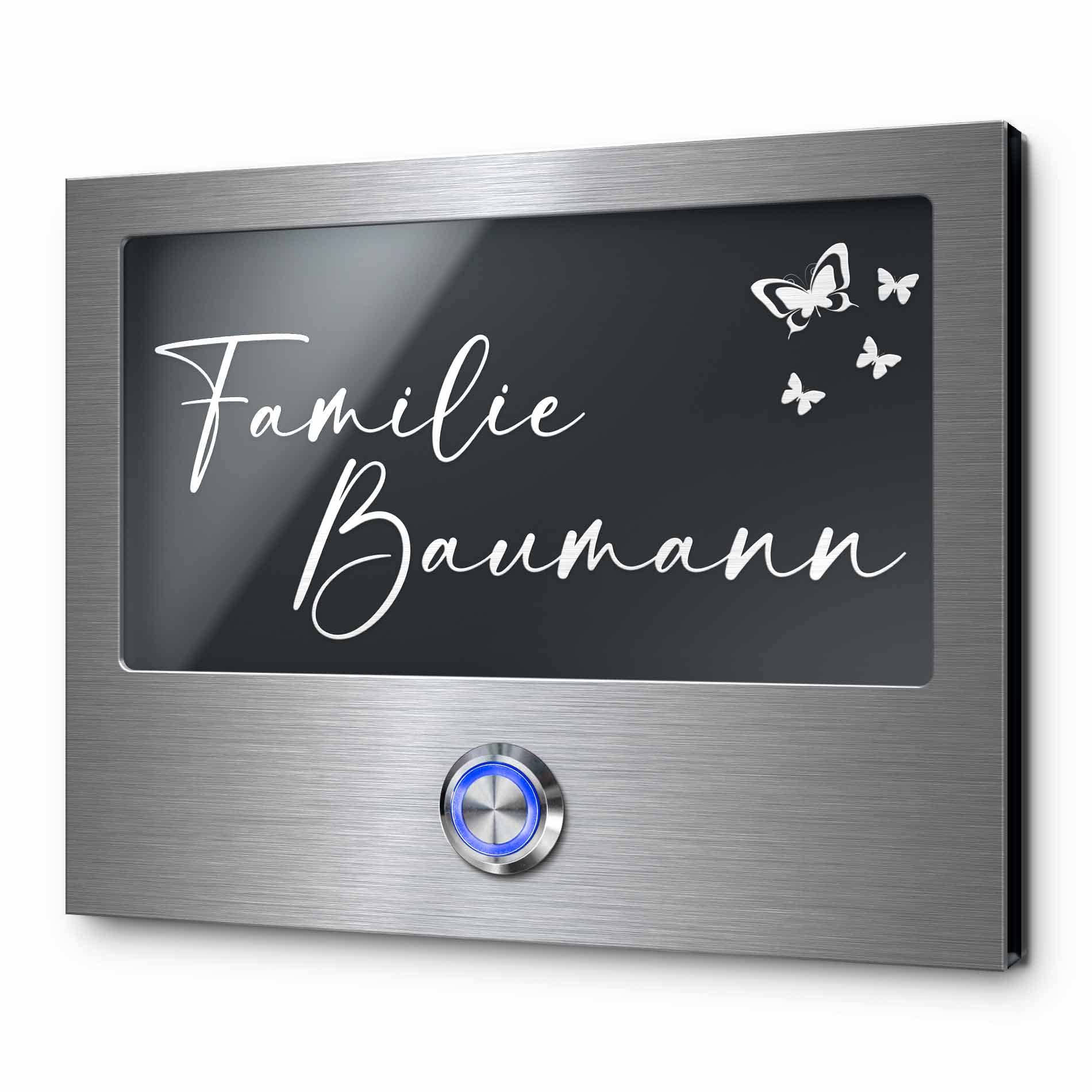 Edle Türklingel mit Gravur und LED-Klingelknopf und über 99 Motive personalisierbar 15x12 cm | Modell: Baumann-As | gravierte Klingel aus Hochglanz Acrylglas und Edelstahl Klingelschild Klingelplatte