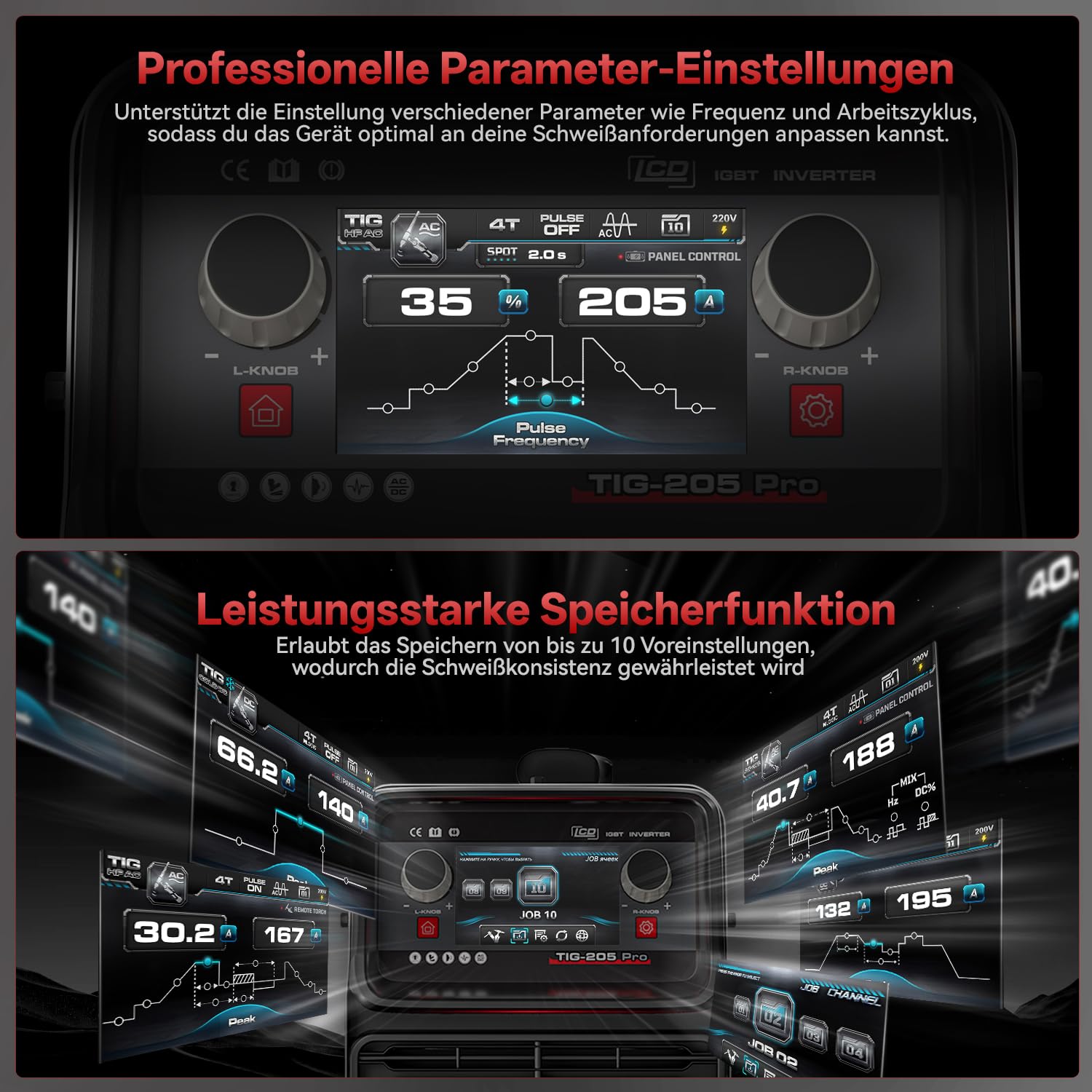 ANDELI 10-in-1 Aluminium TIG WIG schweißgerät AC DC, Fußpedal, 205A LCD, Puls Rechteck Sinus Trapezwelle, Kalt Punktschweißung, 230V, TIG-205 PRO