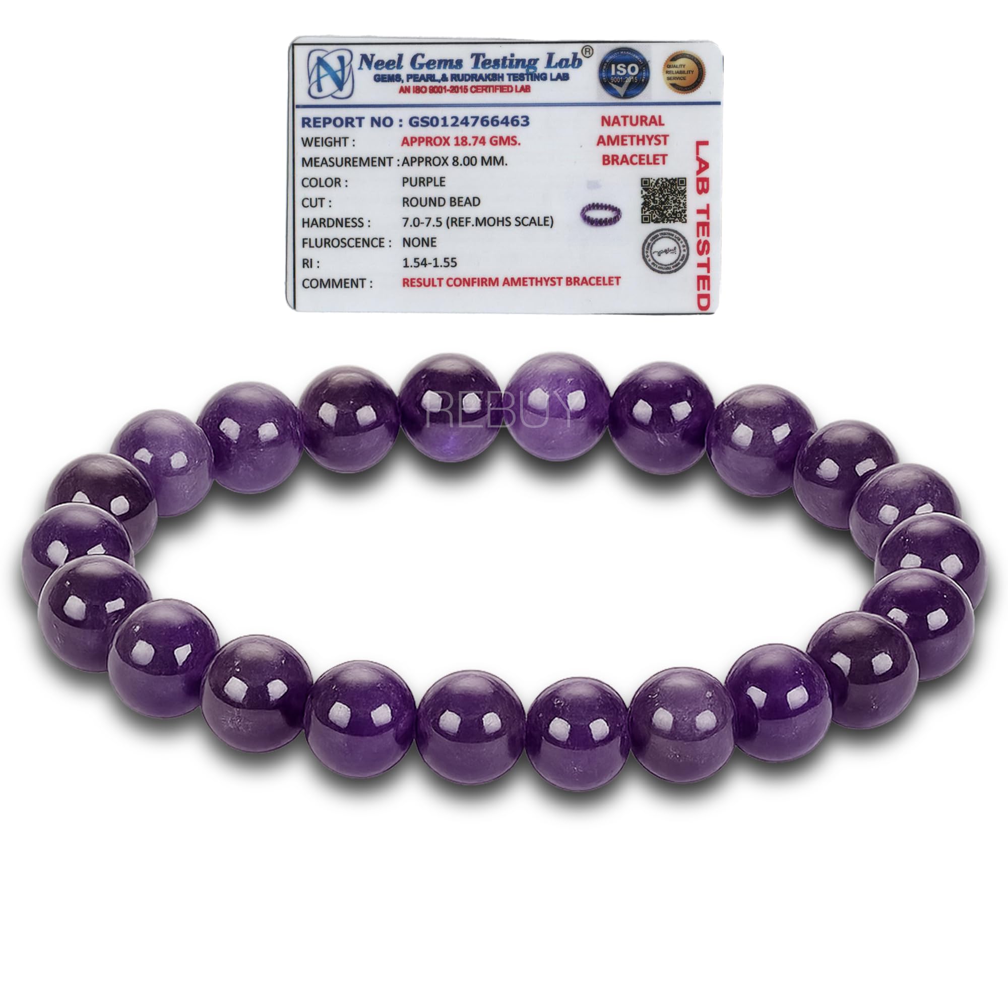 Amethyst Bracelet for Men & Women | Natural Crystal Gemstone Jewelry | Lab Certified 8mm Stone Beads | Spiritual Energy, Meditation & Crown Chakra Balancing Bracelet | Pack of 1