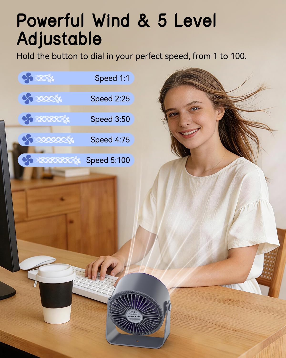 Timiyou Schreibtischventilator, 6,7 Zoll, leistungsstarker tragbarer Tischventilator mit 100 Geschwindigkeiten, ultra-leise, LED-Anzeige, Touch-Steuerung, 360° Neigung, USB-C-wiederaufladbarer 3600