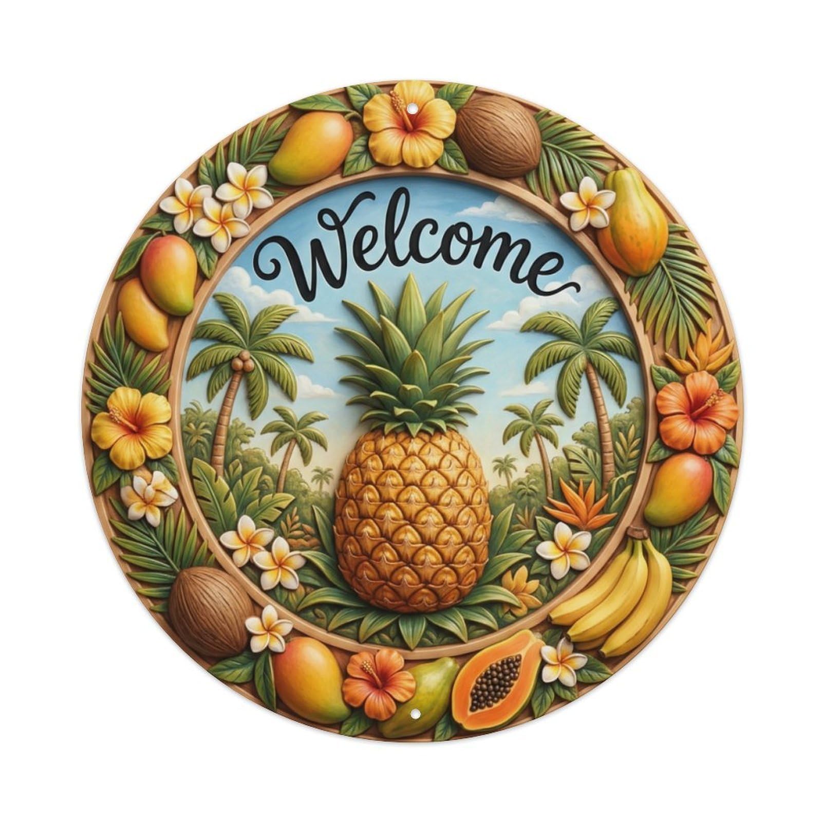 Metal Tin Sign Pineapple Fruit Welcome Tropical Harvest