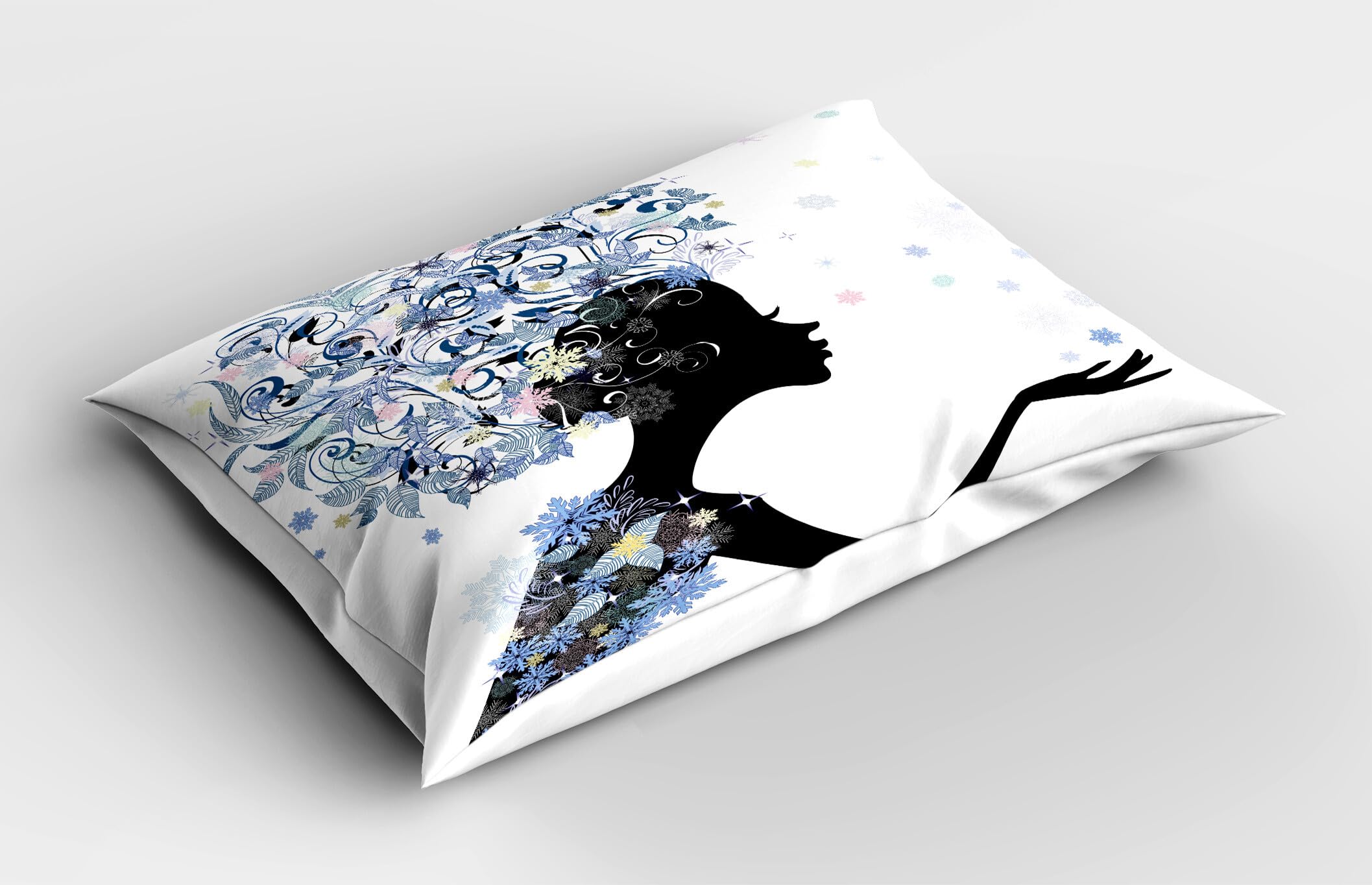 Ambesonne Retro Pillow Sham Set of 2, Illustration of a Flower Haired Girl and Snowflakes Design Pattern Print, Quality Microfiber Bedding Item for All Seasons, 36