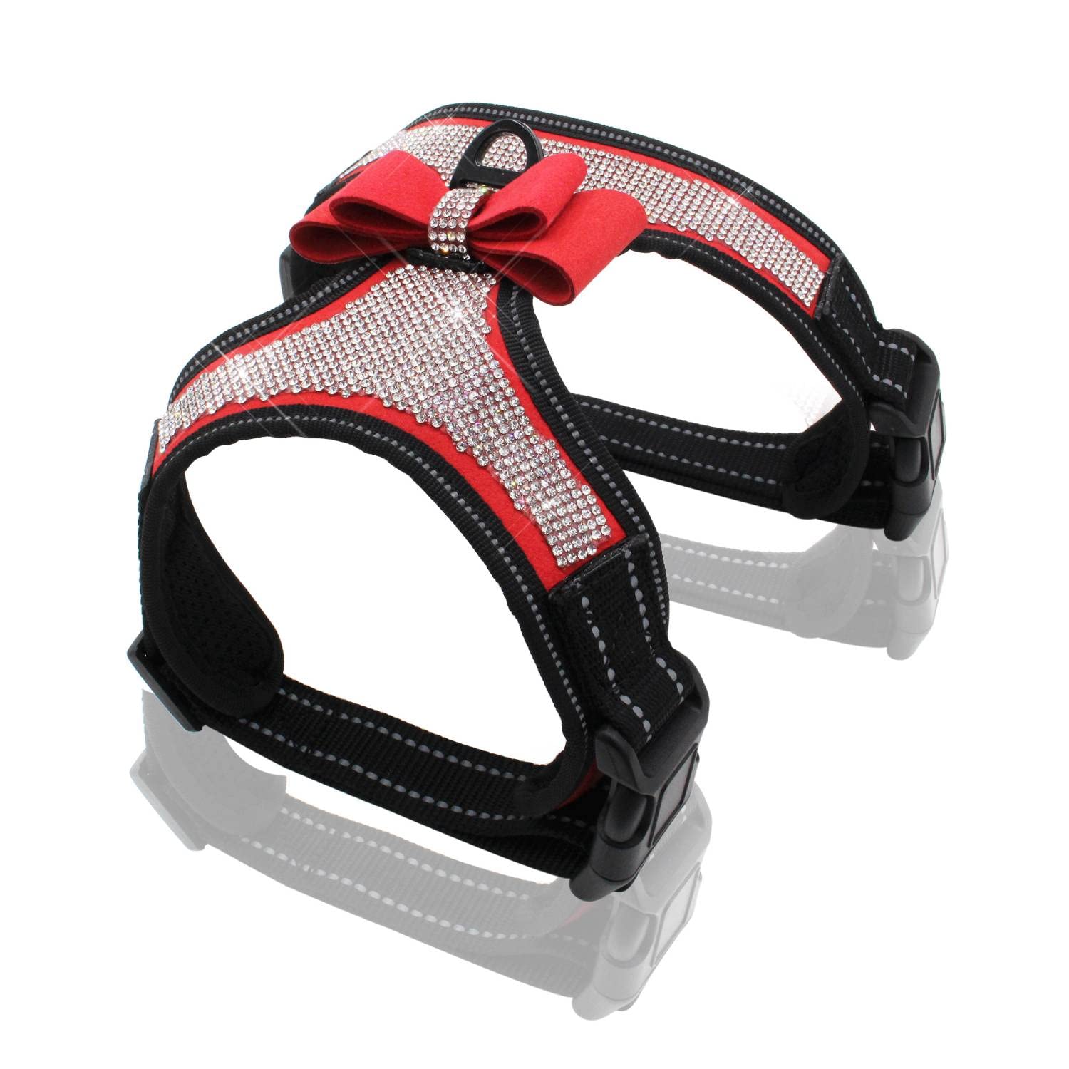 BT Bear Dog Harness, Bling Bling Rhinestone Crystal Dogs Harnesses Vest with Bowknot Reflective No Pull Harness for Small Dogs Medium Large Dogs (XL,Red)
