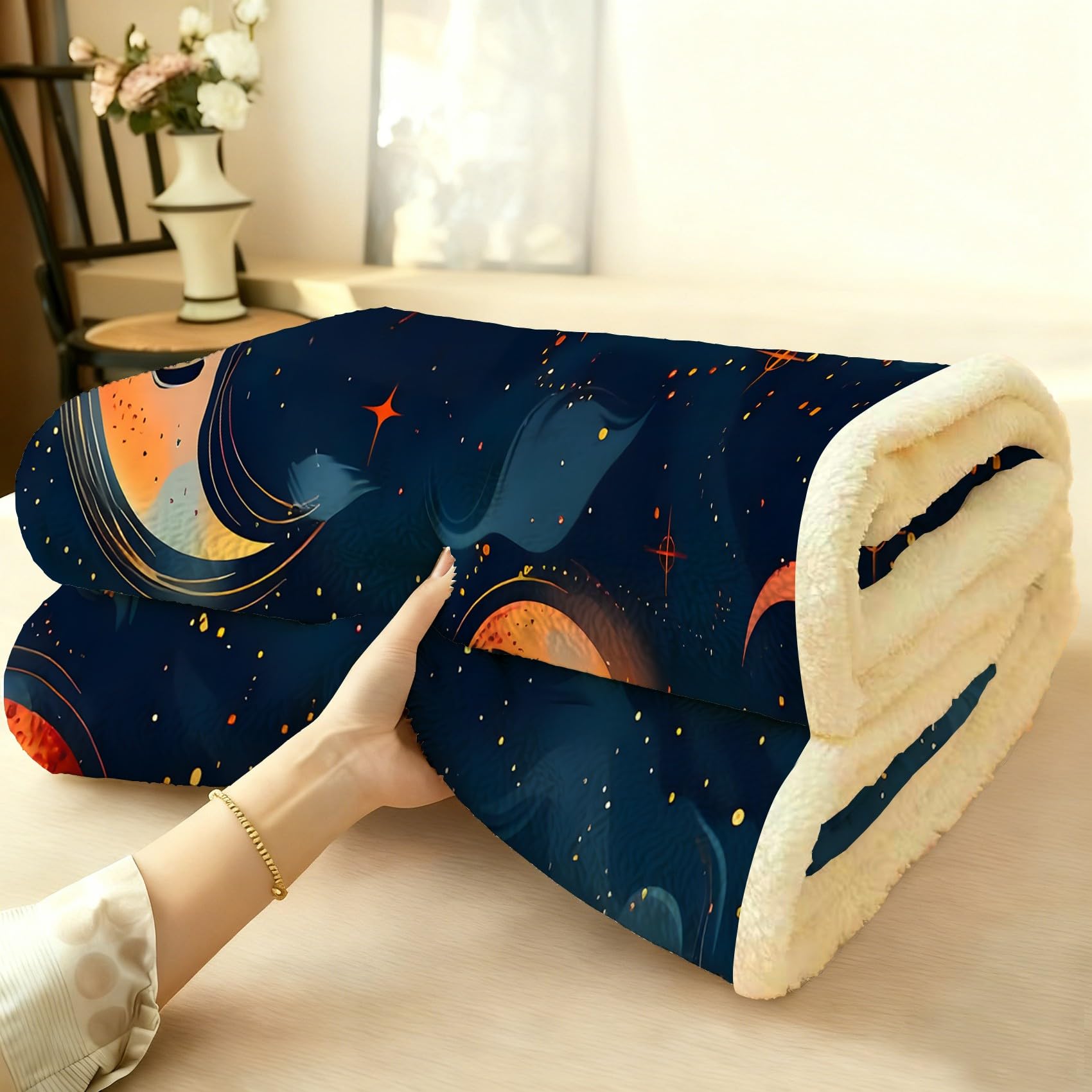 Gelber Mond Fleecedecke 130x150 cm – Extra dick & kuschelweich, Blue Starry Sky Flauschige Decke für Einzelbett, Sofa & Wohnzimmer, Überwurf