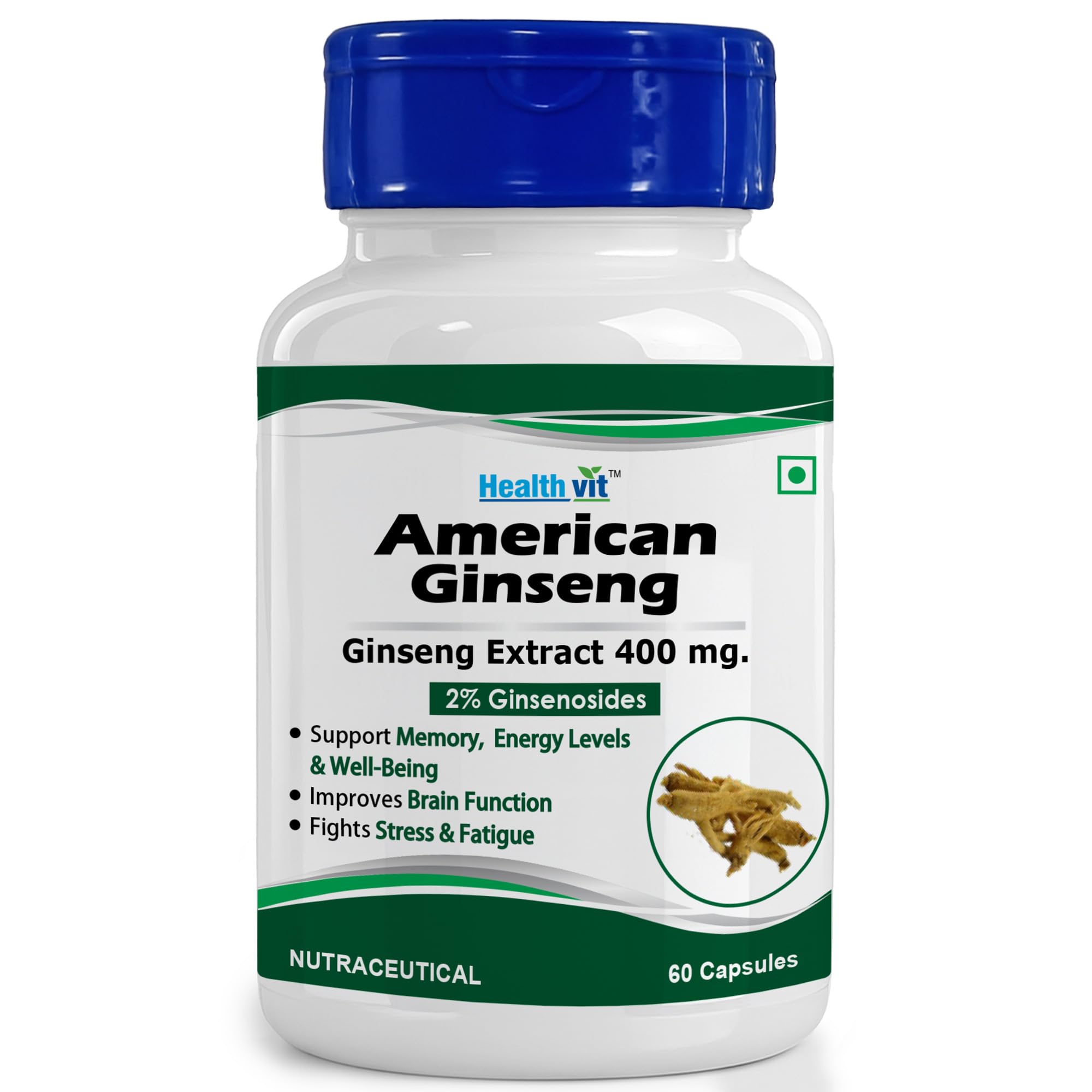 Healthvit American Ginseng 400mg (2% Ginsenosides) | Supports Brain Function, Boosts Immunity, Energy & Memory | Vegan & Gluten Free | 60 Capsules